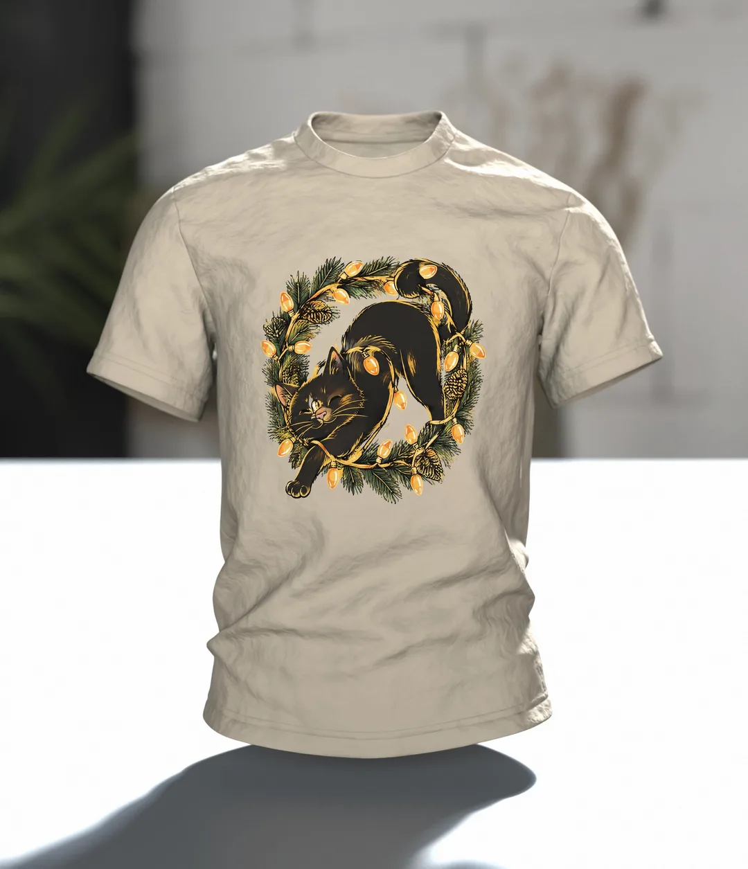 Katze in der Lichterkette T-Shirt, Entwurfsfassung, Im Raum