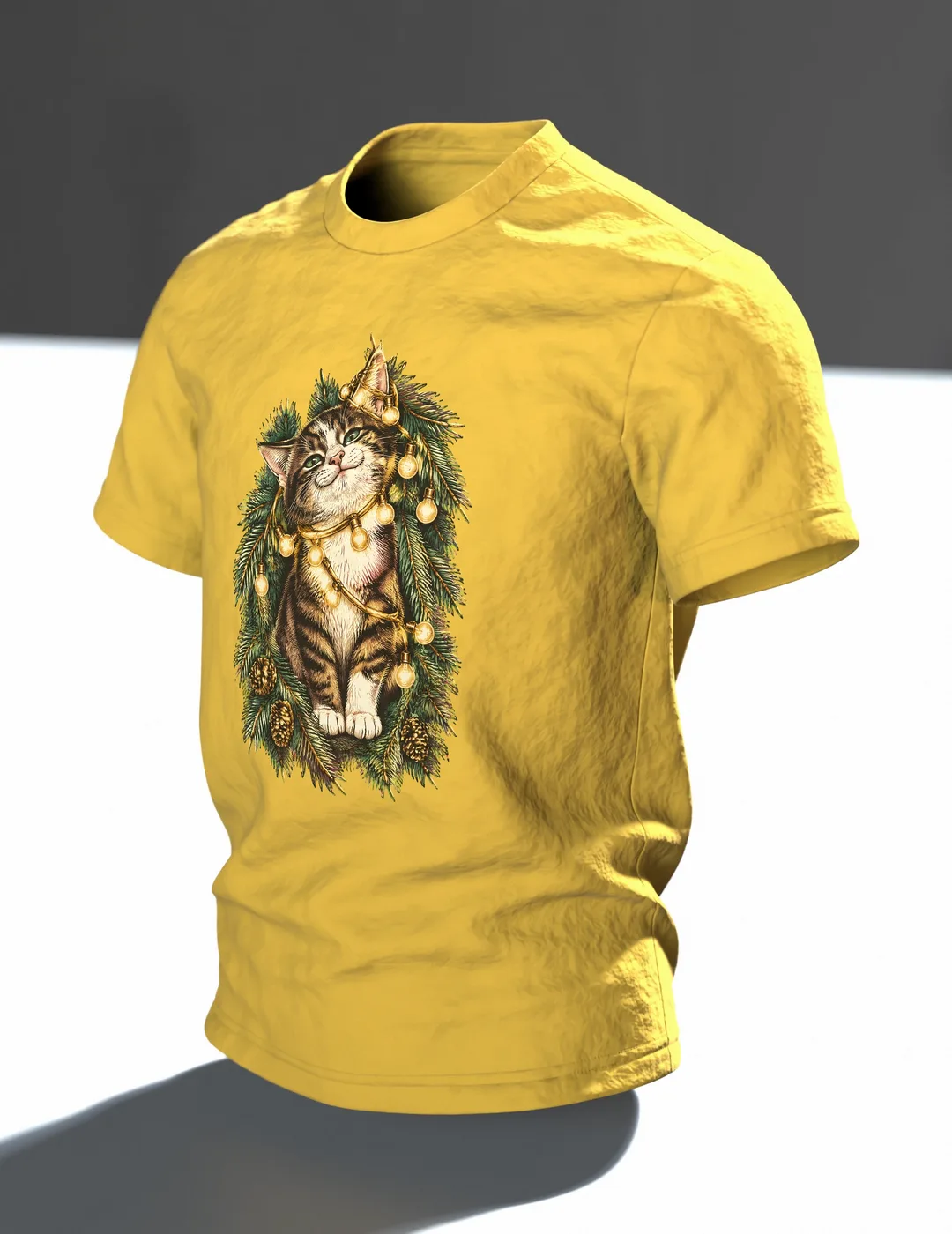 Katze in der Lichterkette T-Shirt, Entwurfsfassung, Im Raum, schräg
