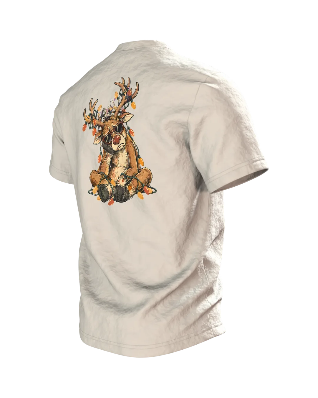 Rentier mit Sonnenbrille T-Shirt: grimmig, Lichterkette im Geweih, Retro Comic, lustig zu Weihnachten, Herren und Damen, Rückseite schräg links