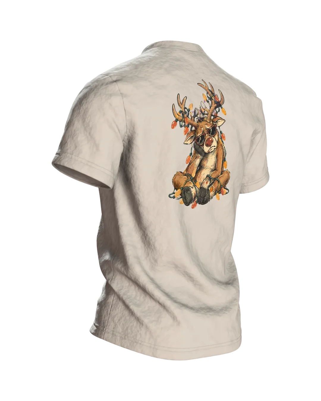 Rentier mit Sonnenbrille T-Shirt: grimmig, Lichterkette im Geweih, Retro Comic, lustig zu Weihnachten, Herren und Damen, Rückseite schräg rechts