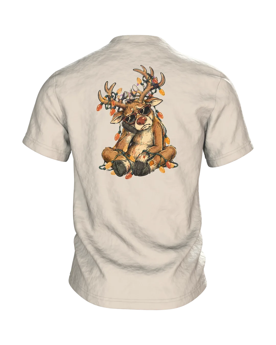 Rentier mit Sonnenbrille T-Shirt: grimmig, Lichterkette im Geweih, Retro Comic, lustig zu Weihnachten, Herren und Damen, Rückseite