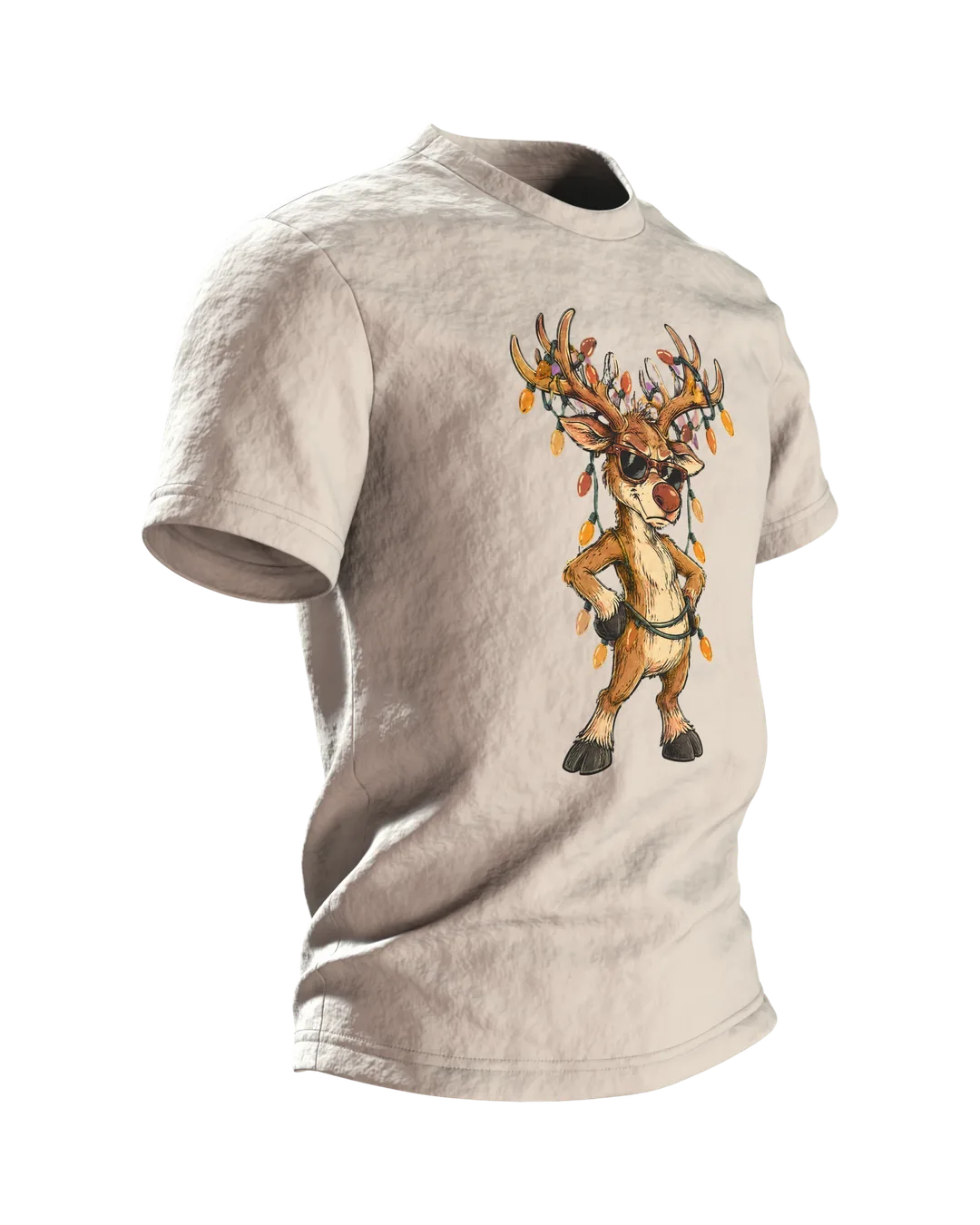 Rentier mit Sonnenbrille T-Shirt: grimmig, Lichterkette im Geweih, Retro Comic, lustig zu Weihnachten, Herren und Damen, Seitenansicht links