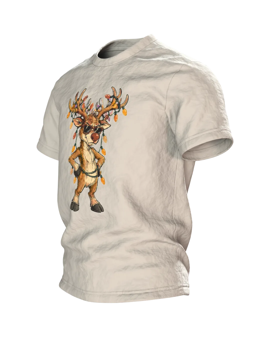Rentier mit Sonnenbrille T-Shirt: grimmig, Lichterkette im Geweih, Retro Comic, lustig zu Weihnachten, Herren und Damen, Seitenansicht rechts