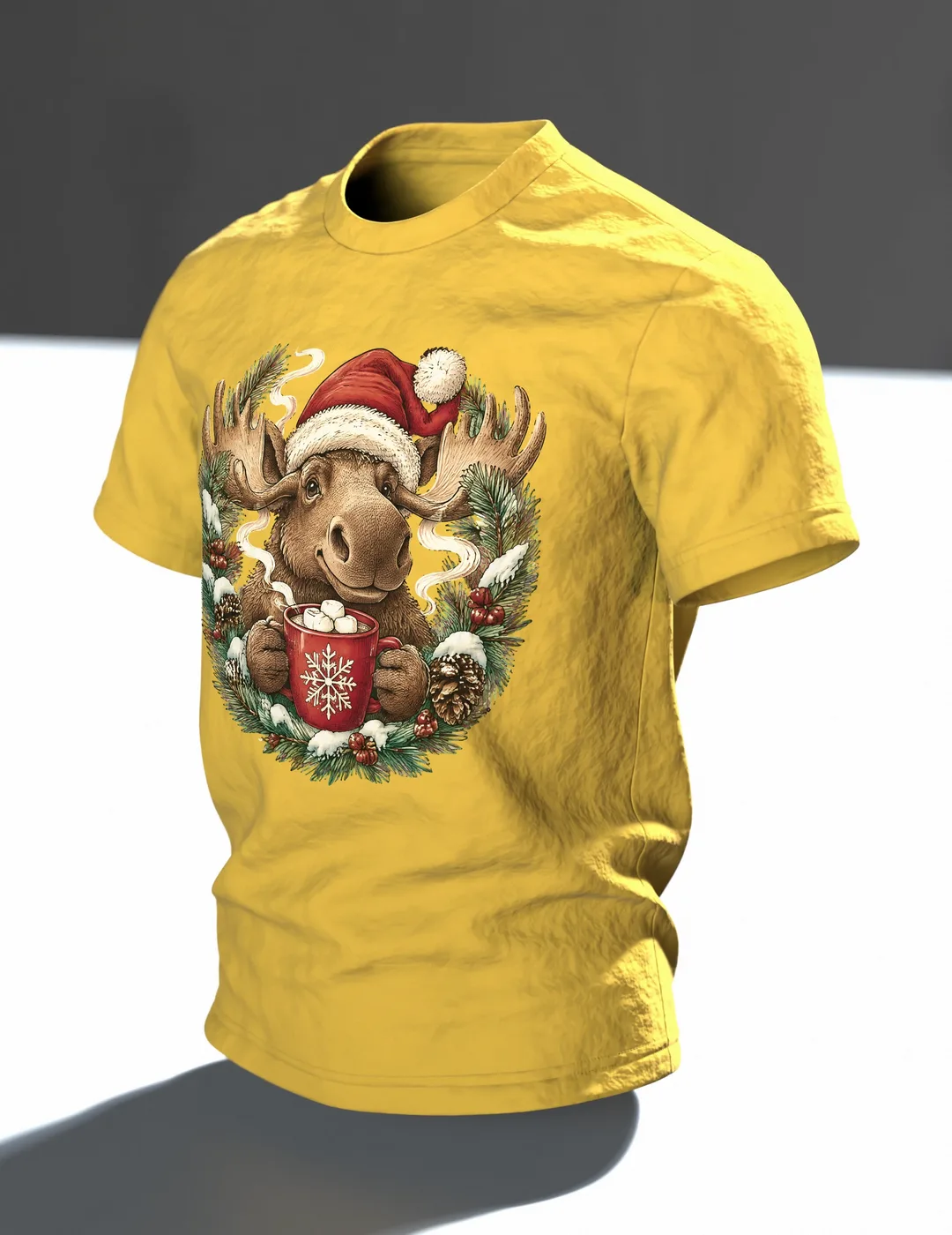 Elch mit Kakao T-Shirt, Entwurfsfassung, Im Raum, schräg