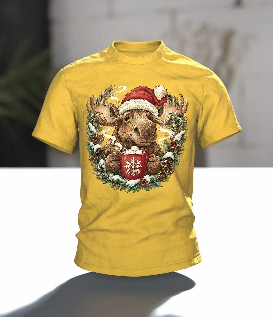 Elch mit Kakao T-Shirt, Entwurfsfassung, Im Raum