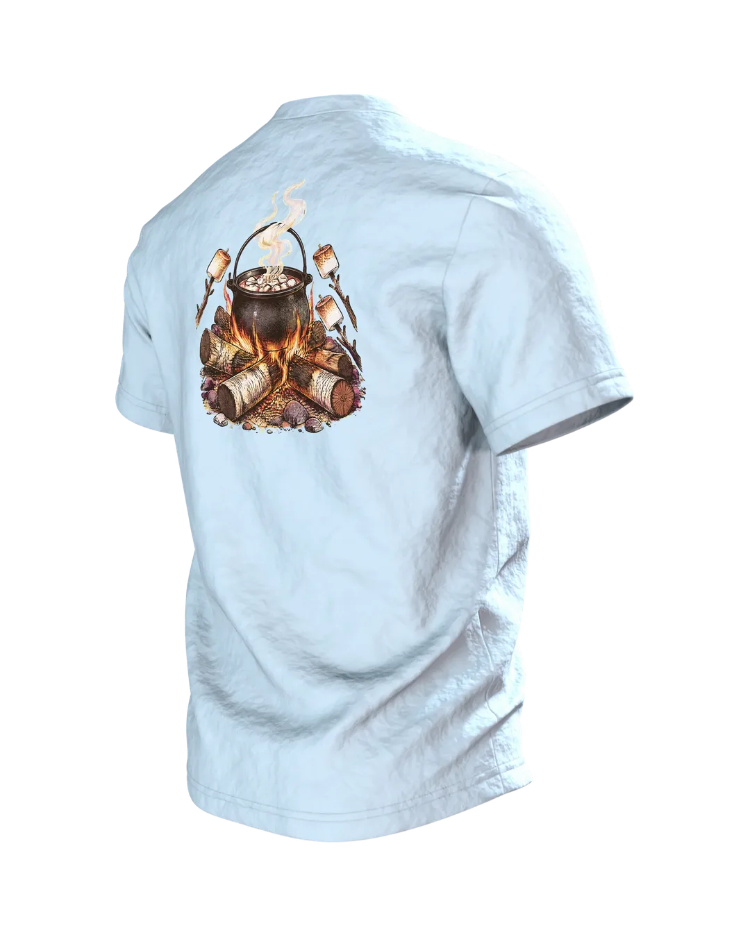 Elch T-Shirt Weihnachten: Elch mit Weihnachtsmütze trinkt Kakao mit Marshmallows, Lagerfeuer auf dem Rücken, Rückseite schräg links
