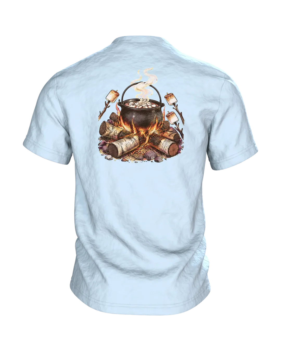Elch T-Shirt Weihnachten: Elch mit Weihnachtsmütze trinkt Kakao mit Marshmallows, Lagerfeuer auf dem Rücken, Rückseite