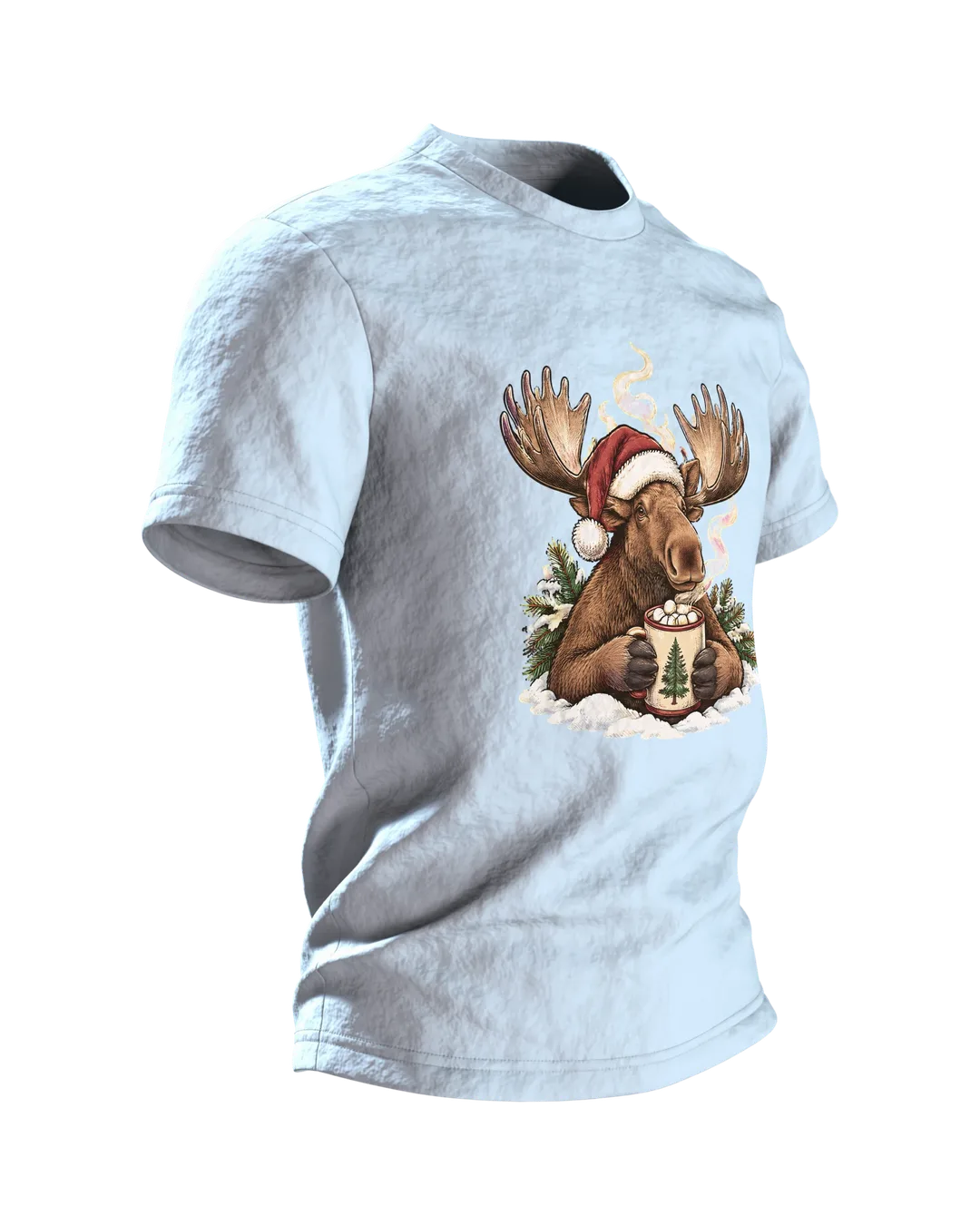 Elch T-Shirt Weihnachten: Elch mit Weihnachtsmütze trinkt Kakao mit Marshmallows, Lagerfeuer auf dem Rücken, Seitenansicht links