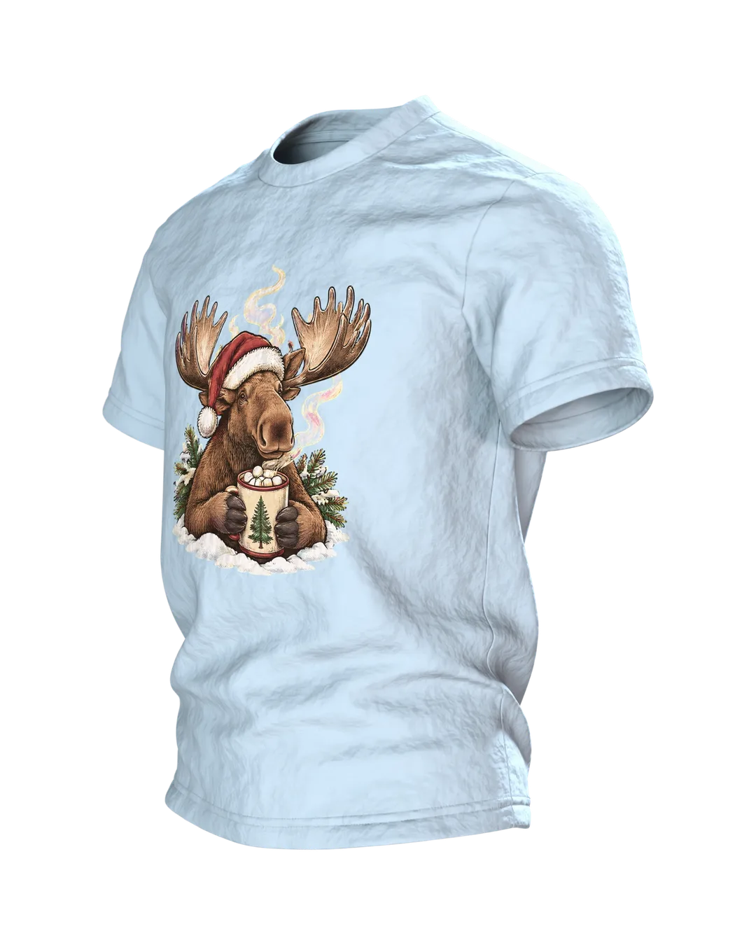 Elch T-Shirt Weihnachten: Elch mit Weihnachtsmütze trinkt Kakao mit Marshmallows, Lagerfeuer auf dem Rücken, Seitenansicht rechts