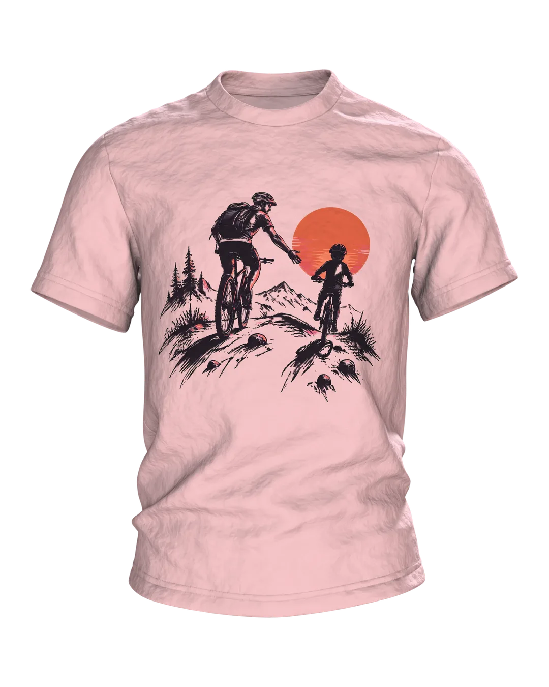 Mountainbiker T-Shirt: Vater und Kind auf Mountainbikes vor großer Sonne, Tusche-Silhouette als Geschenk für Papa