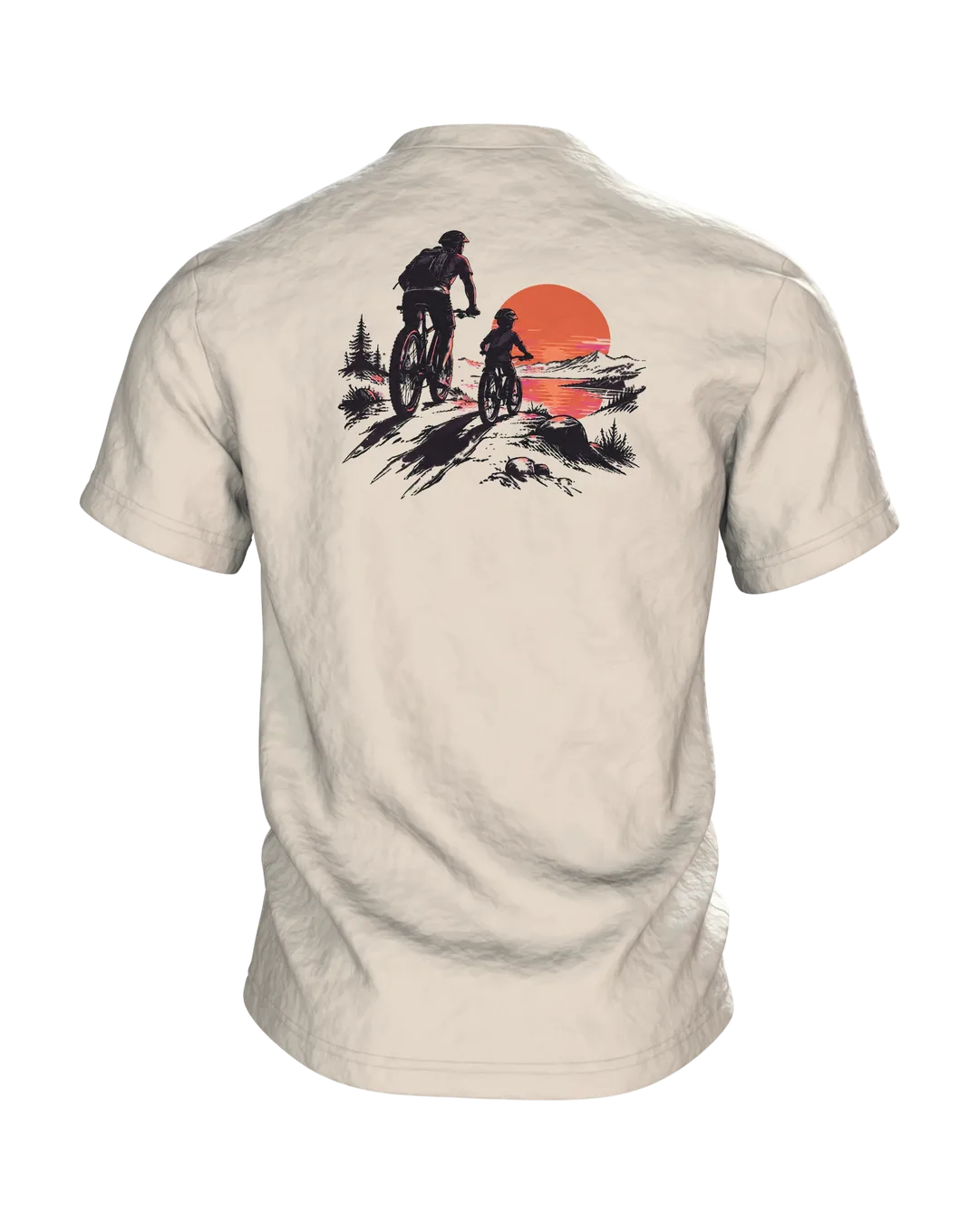 Mountainbiker T-Shirt: Vater und Kind auf Mountainbikes vor großer Sonne, Tusche-Silhouette als Geschenk für Papa, Rückseite