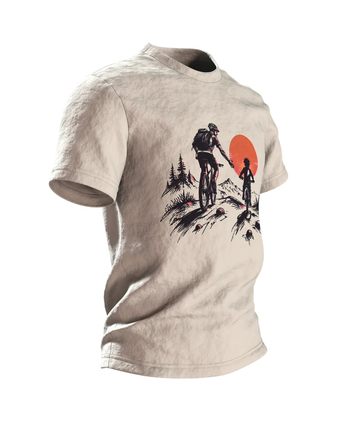 Mountainbiker T-Shirt: Vater und Kind auf Mountainbikes vor großer Sonne, Tusche-Silhouette als Geschenk für Papa, Seitenansicht links