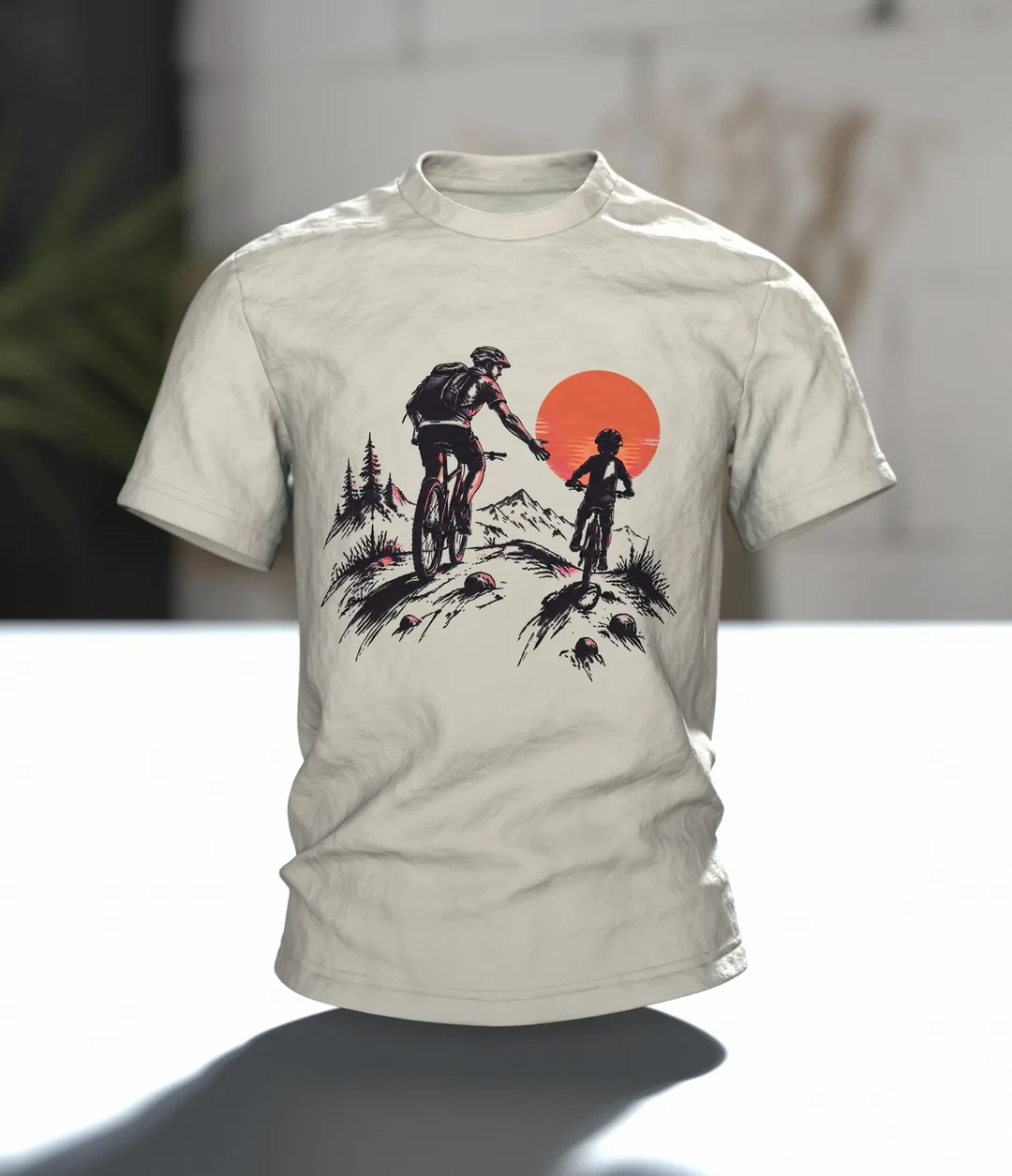 Mountainbiker T-Shirt: Vater und Kind auf Mountainbikes vor großer Sonne, Tusche-Silhouette als Geschenk für Papa, Im Raum