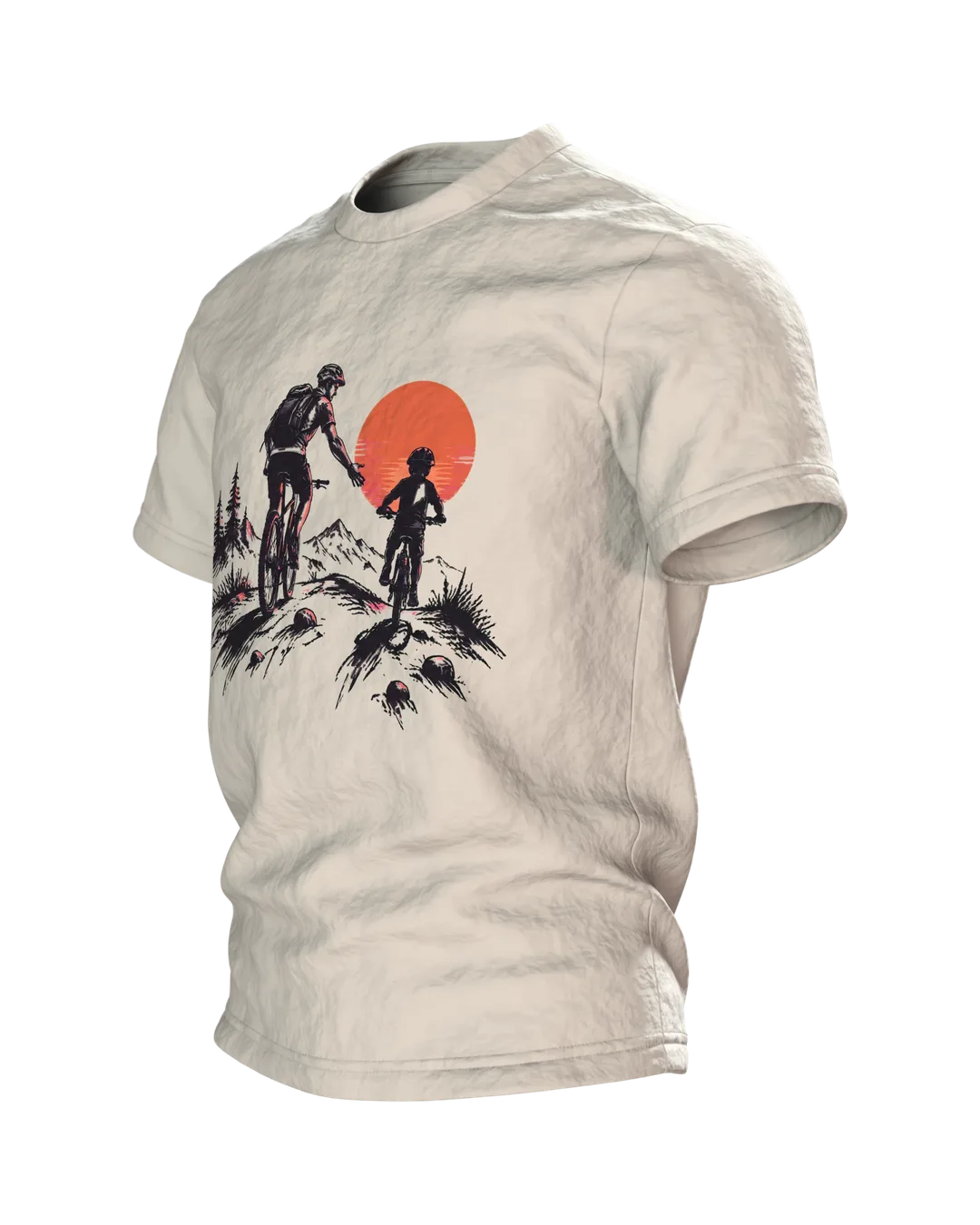 Mountainbiker T-Shirt: Vater und Kind auf Mountainbikes vor großer Sonne, Tusche-Silhouette als Geschenk für Papa, Seitenansicht rechts
