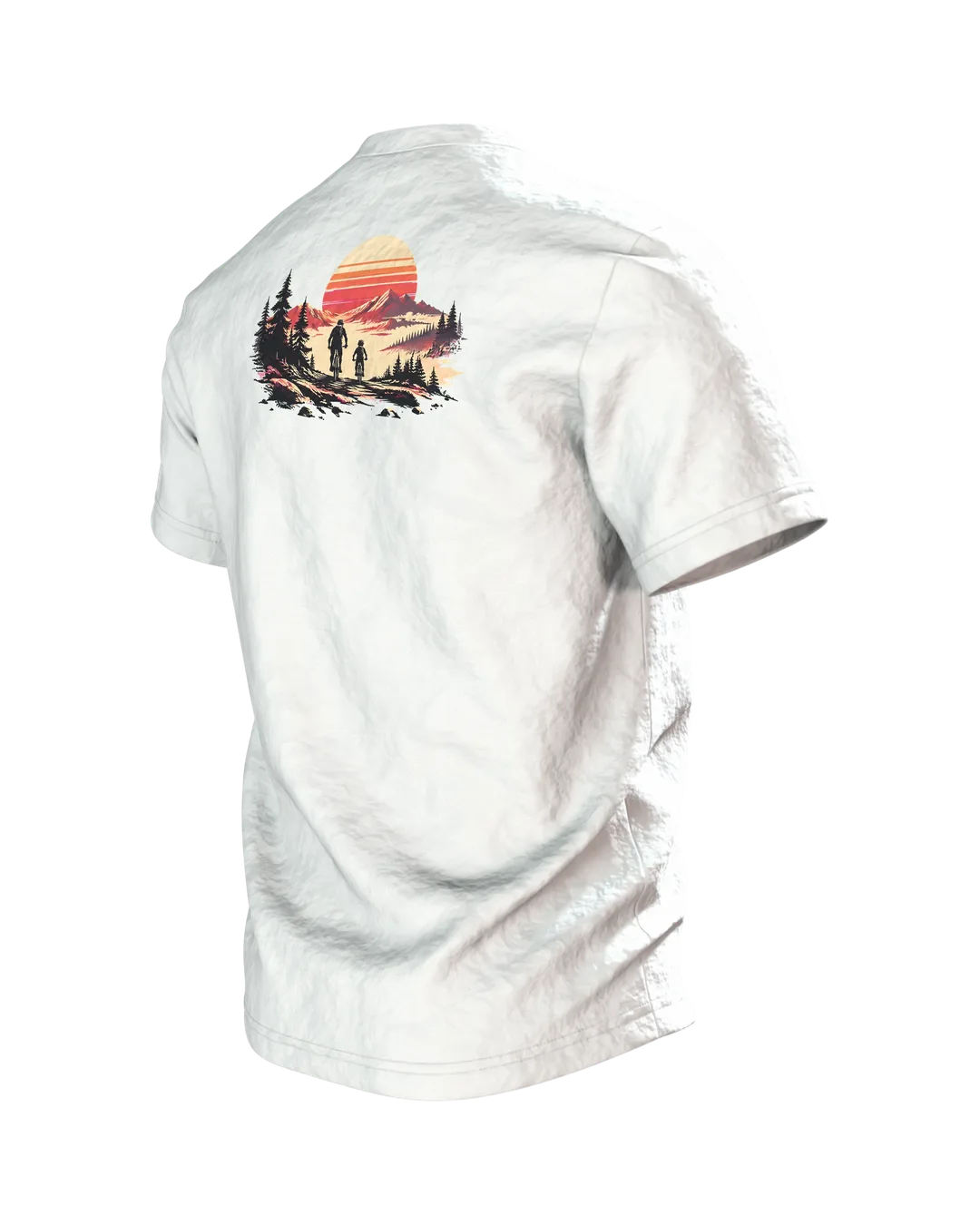 Vater und Kind auf Fahrrädern T-Shirt, Entwurfsfassung, Rückseite schräg links