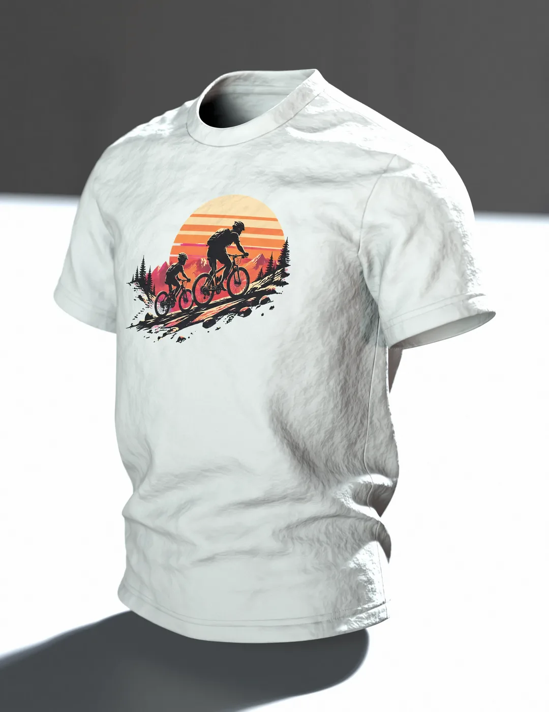 Vater und Kind auf Fahrrädern T-Shirt, Entwurfsfassung, Im Raum, schräg