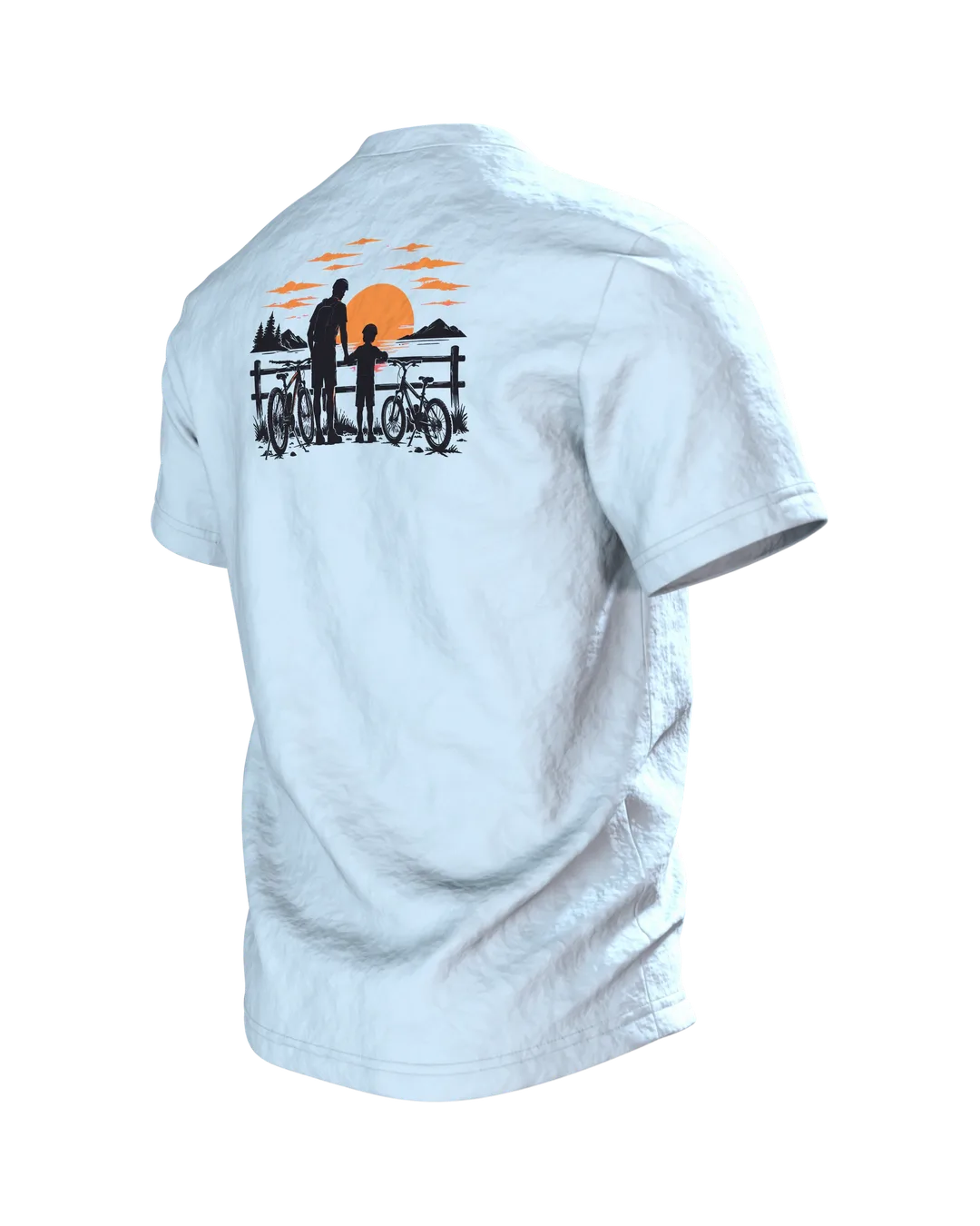 Vater und Kind auf Fahrrädern T-Shirt, Entwurfsfassung, Rückseite schräg links