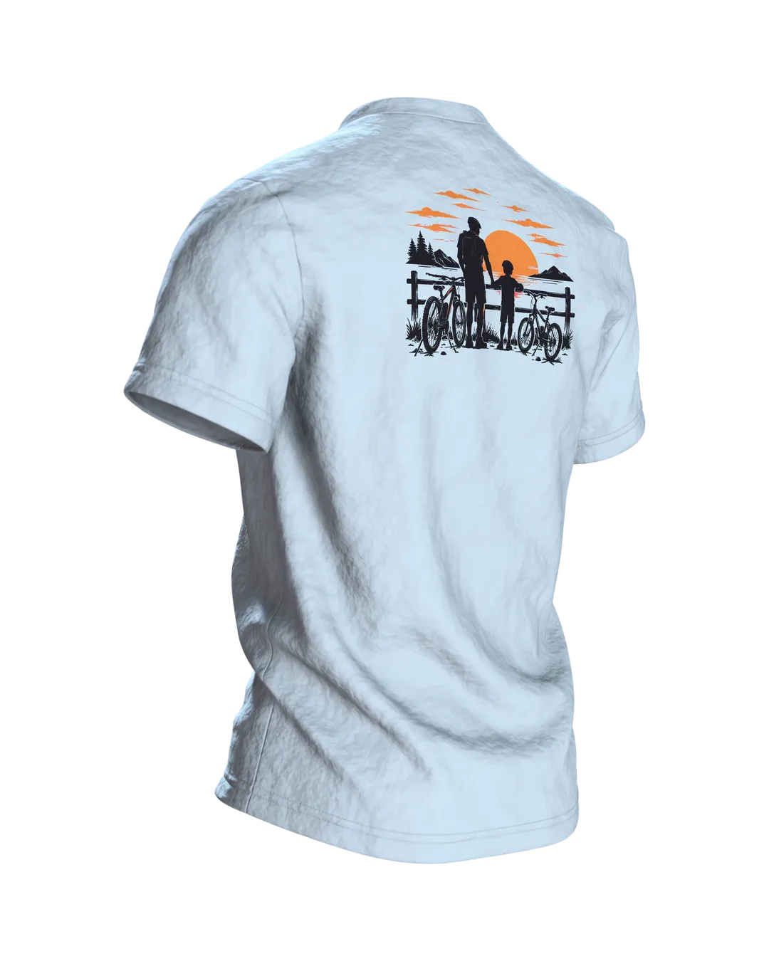 Vater und Kind auf Fahrrädern T-Shirt, Entwurfsfassung, Rückseite schräg rechts