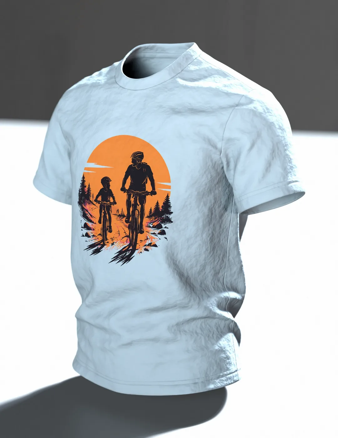 Vater und Kind auf Fahrrädern T-Shirt, Entwurfsfassung, Im Raum, schräg