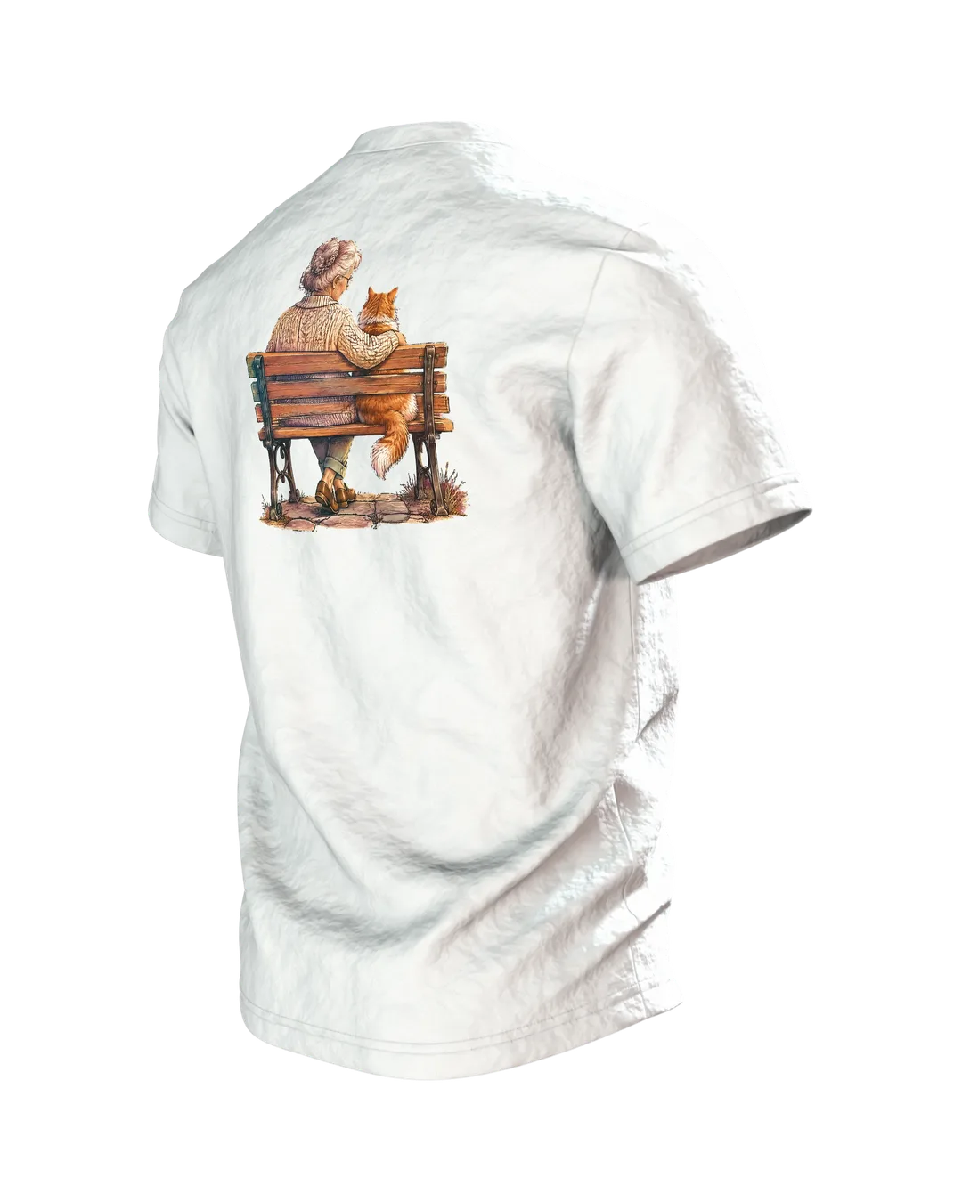 Oma mit Katze am Fenster T-Shirt, Entwurfsfassung, Rückseite schräg links