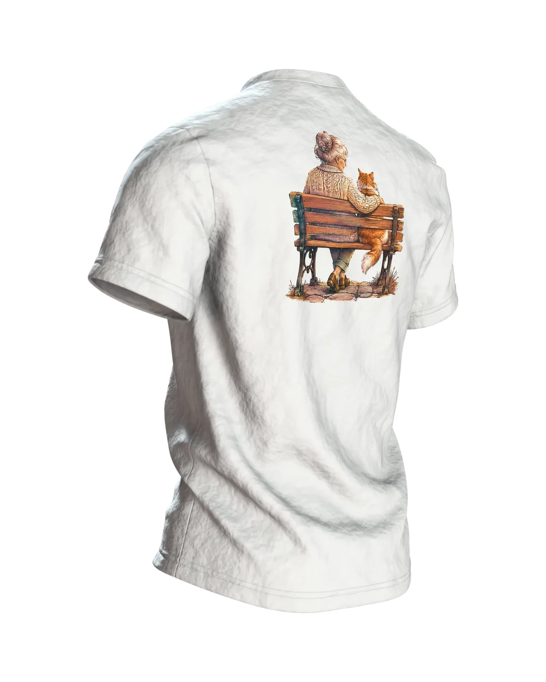 Oma mit Katze am Fenster T-Shirt, Entwurfsfassung, Rückseite schräg rechts