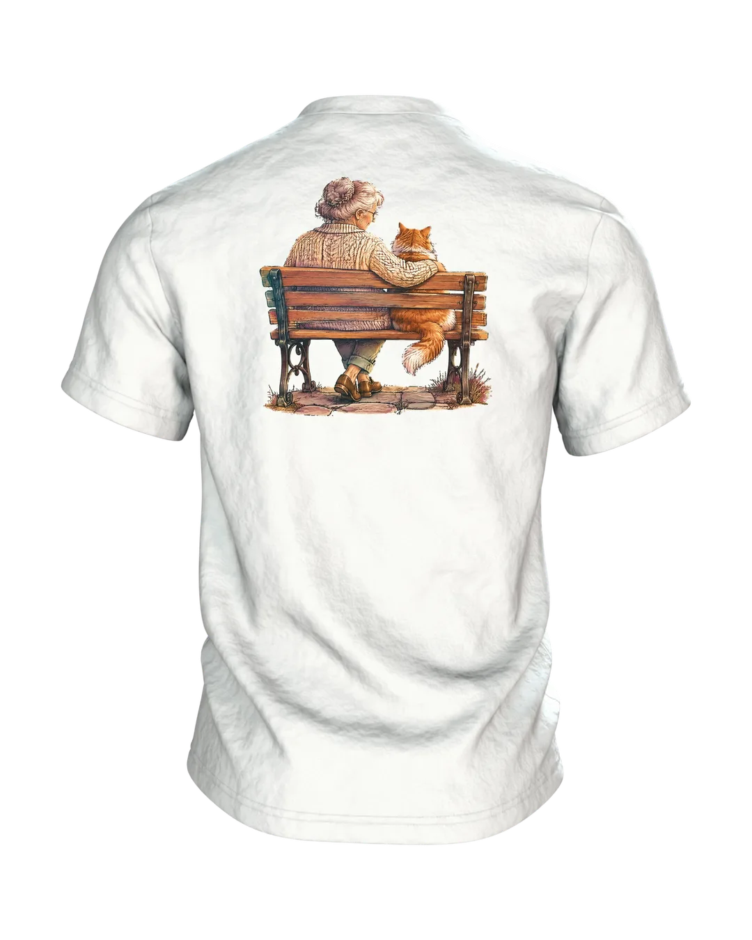 Oma mit Katze am Fenster T-Shirt, Entwurfsfassung, Rückseite