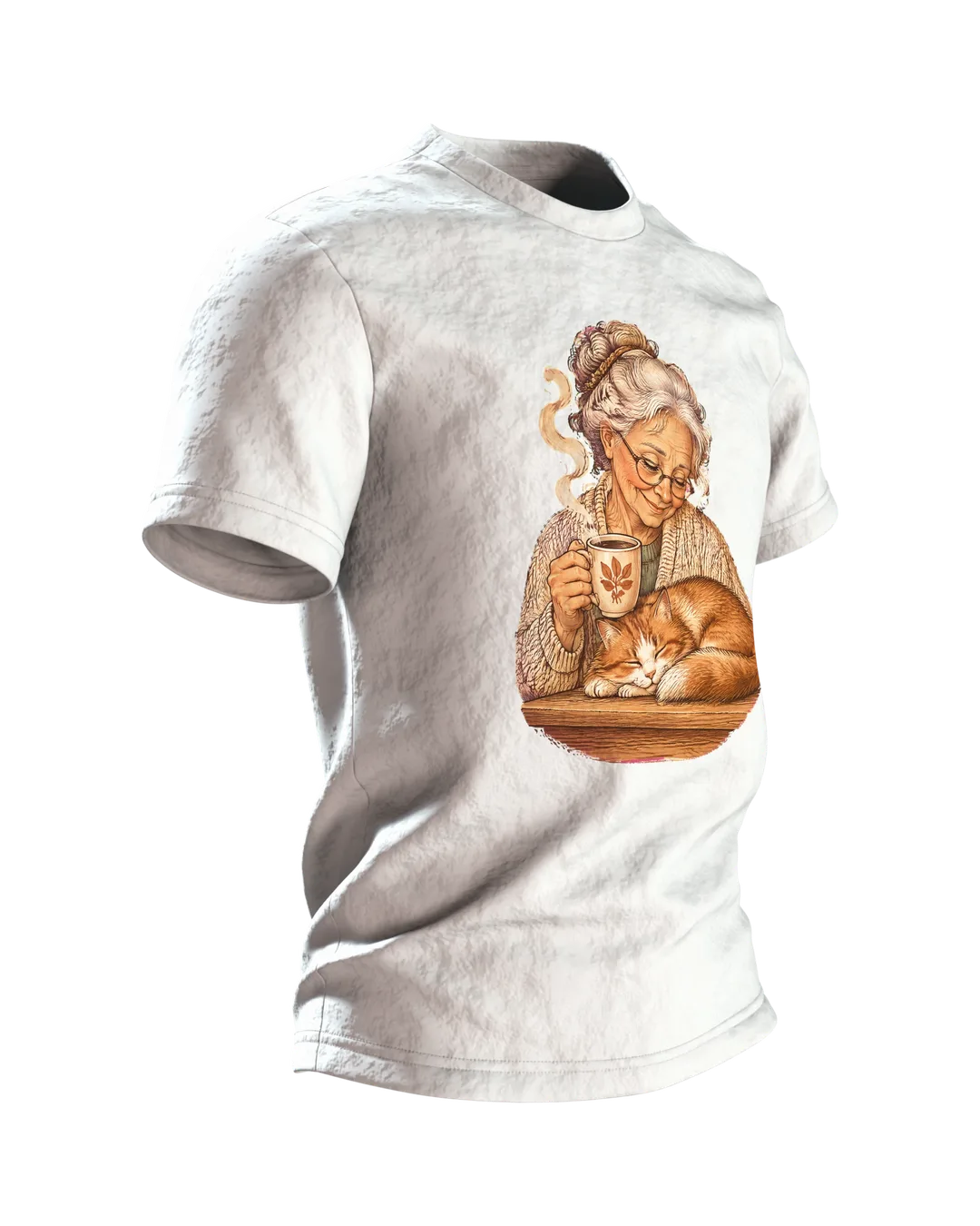 Oma mit Katze am Fenster T-Shirt, Entwurfsfassung, Seitenansicht links