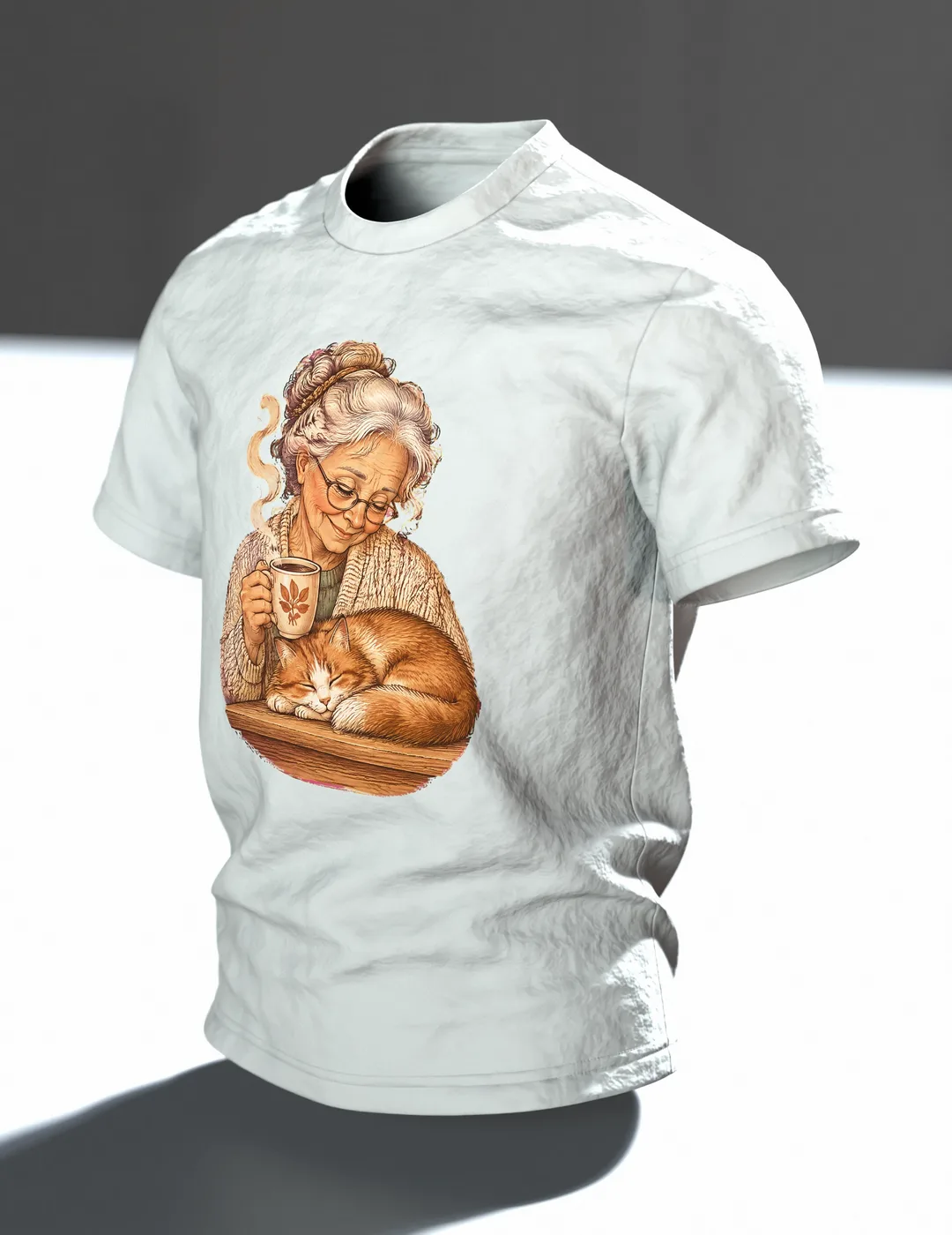 Oma mit Katze am Fenster T-Shirt, Entwurfsfassung, Im Raum, schräg