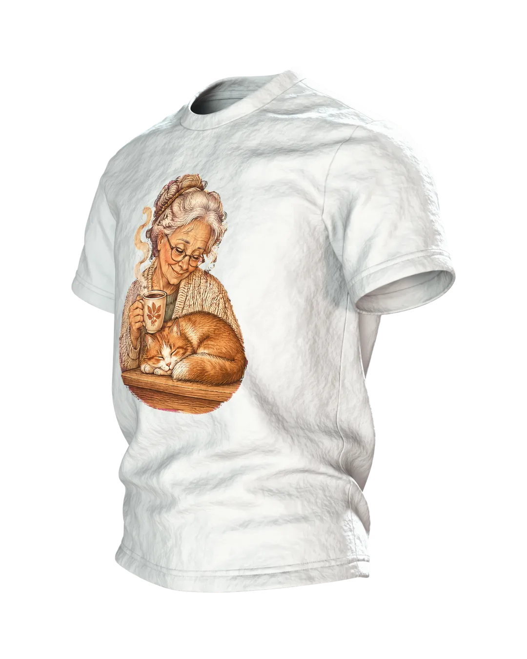 Oma mit Katze am Fenster T-Shirt, Entwurfsfassung, Seitenansicht rechts