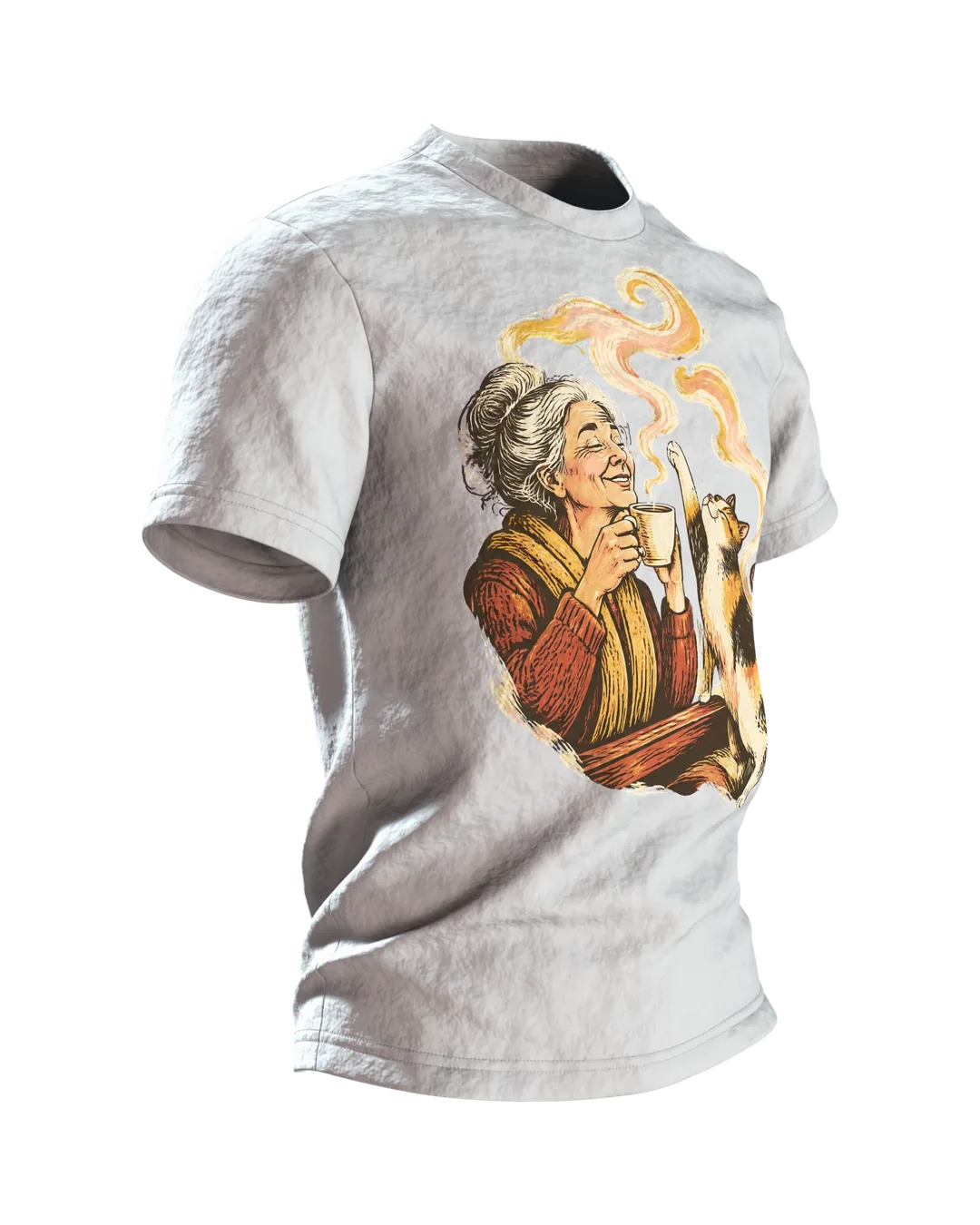 Oma mit Katze am Fenster T-Shirt, Entwurfsfassung, Seitenansicht links