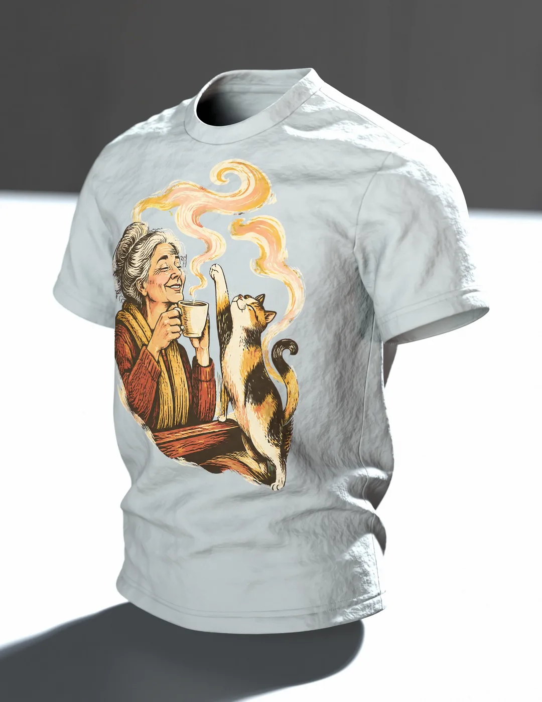 Oma mit Katze am Fenster T-Shirt, Entwurfsfassung, Im Raum, schräg