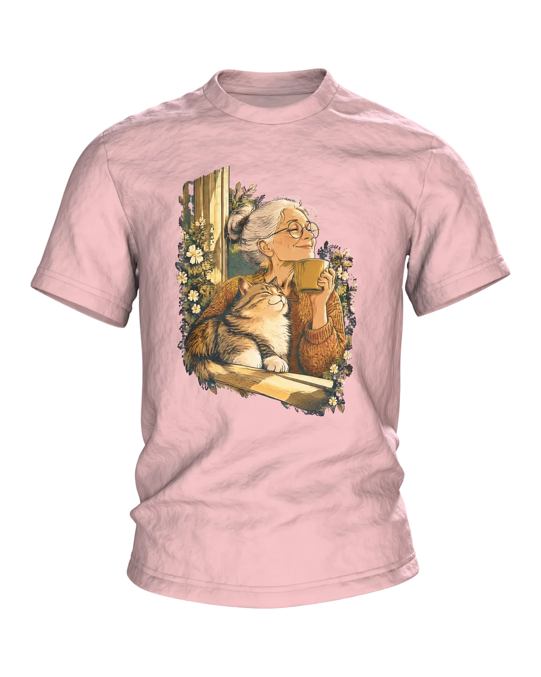 Katzen Oma T-Shirt: Kaffee am Fenster, warme Vintage-Illustration vorn und zweite Szene am Holztisch hinten