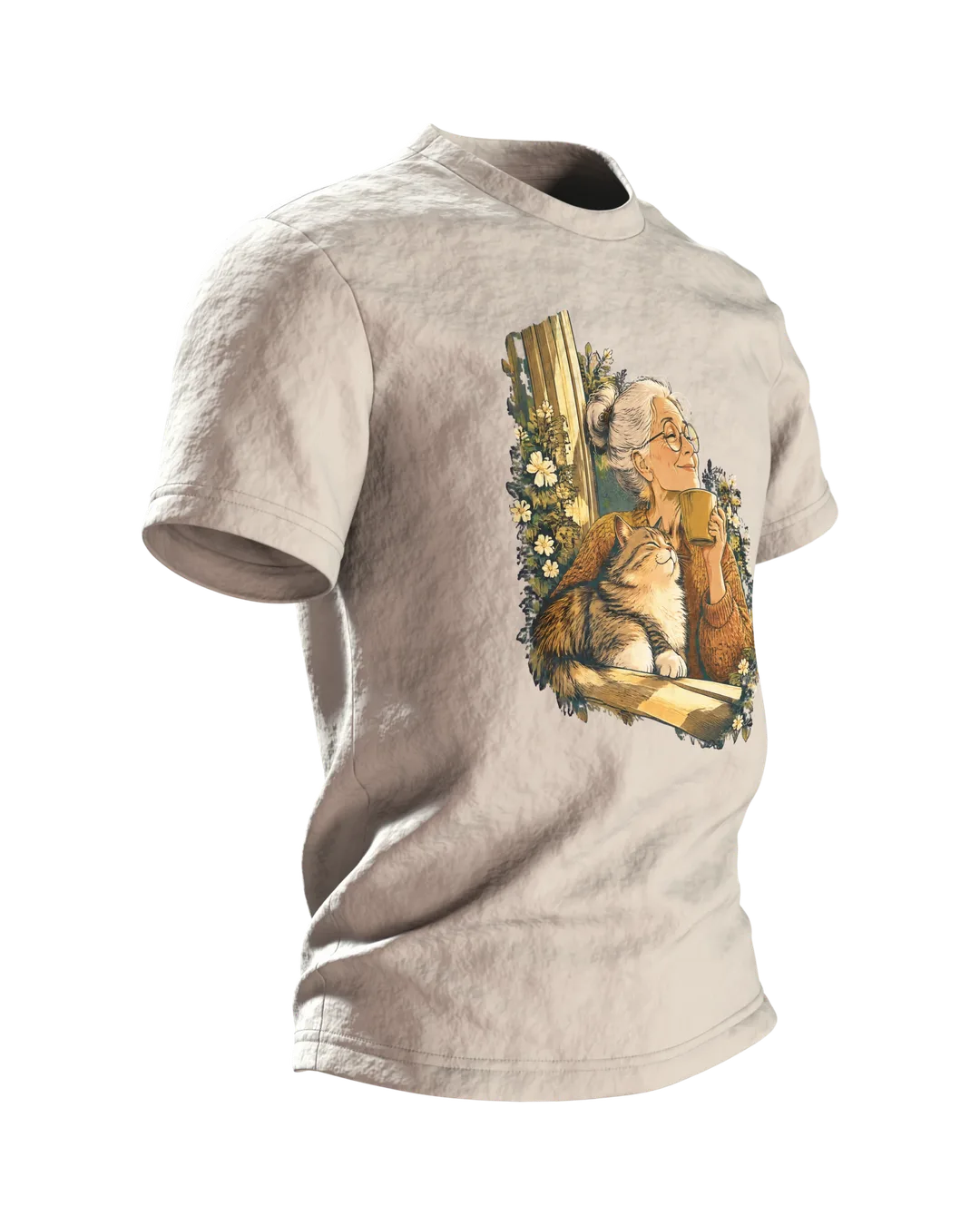 Katzen Oma T-Shirt: Kaffee am Fenster, warme Vintage-Illustration vorn und zweite Szene am Holztisch hinten, Seitenansicht links