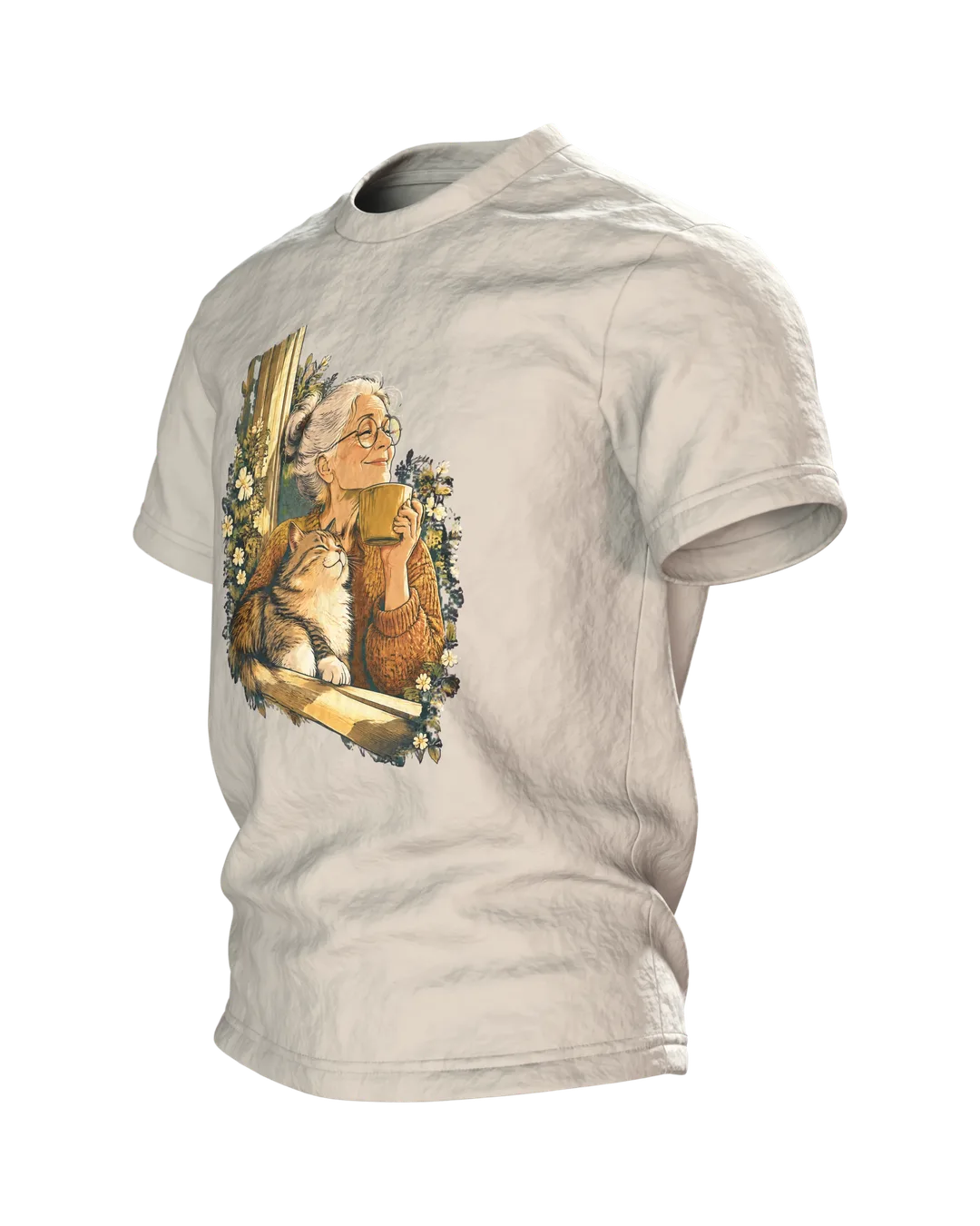 Katzen Oma T-Shirt: Kaffee am Fenster, warme Vintage-Illustration vorn und zweite Szene am Holztisch hinten, Seitenansicht rechts