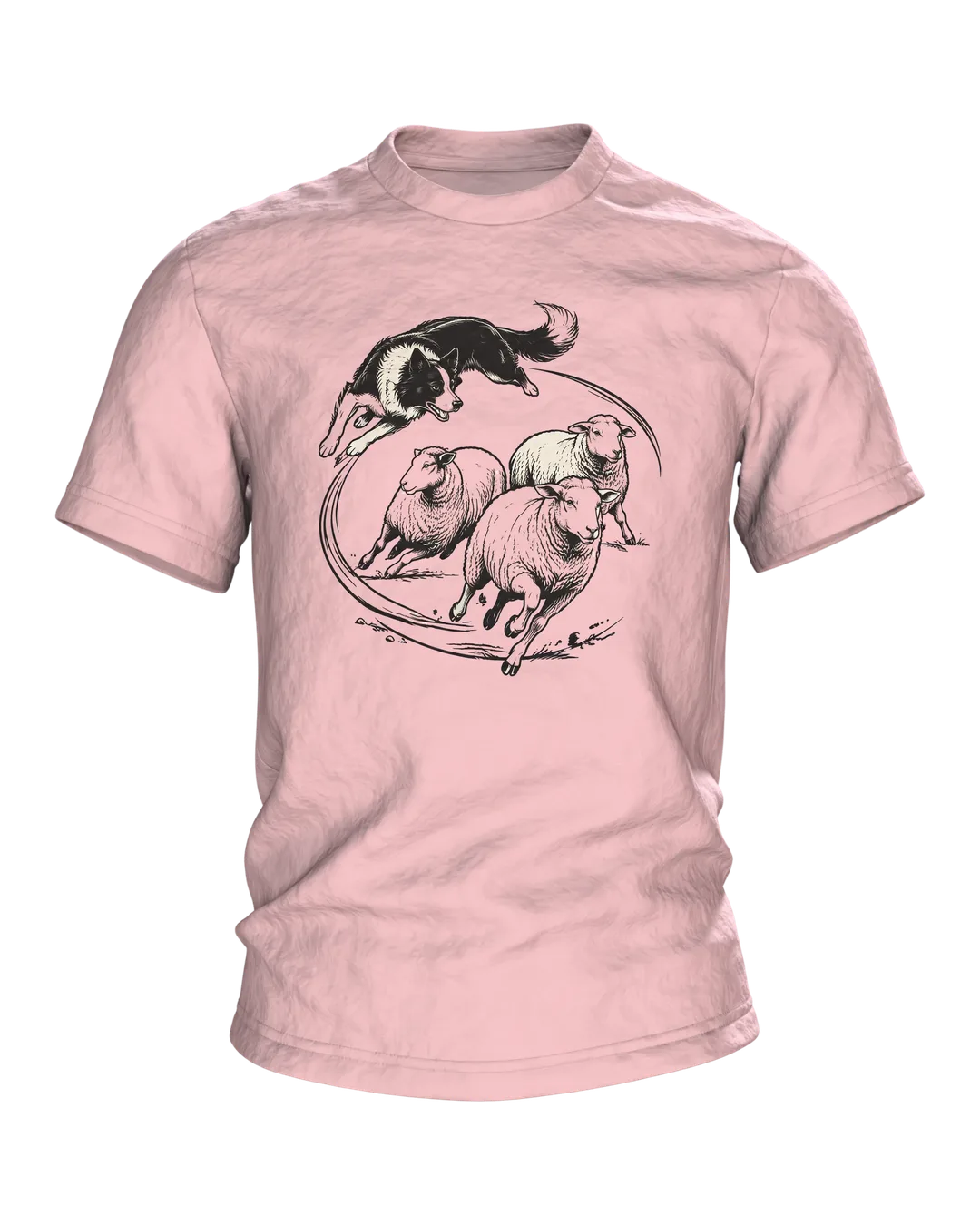 Border Collie Shirt: Collie Leaping Over Sheep in Line Art on Front, Resting Flock by Wooden Fence on Back