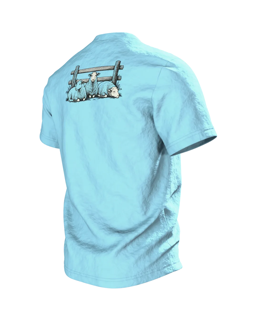 Border Collie Shirt: Collie Leaping Over Sheep in Line Art on Front, Resting Flock by Wooden Fence on Back, Back, angled left