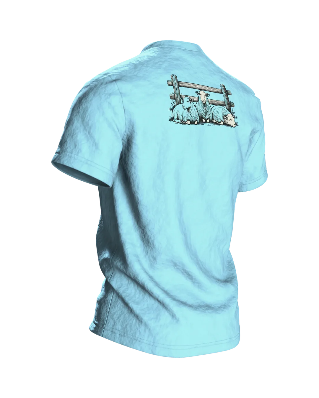 Border Collie Shirt: Collie Leaping Over Sheep in Line Art on Front, Resting Flock by Wooden Fence on Back, Back, angled right