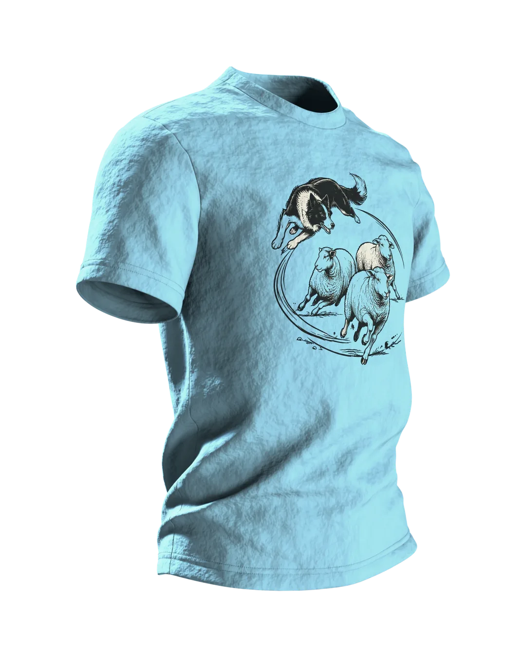Border Collie Shirt: Collie Leaping Over Sheep in Line Art on Front, Resting Flock by Wooden Fence on Back, Side view, left