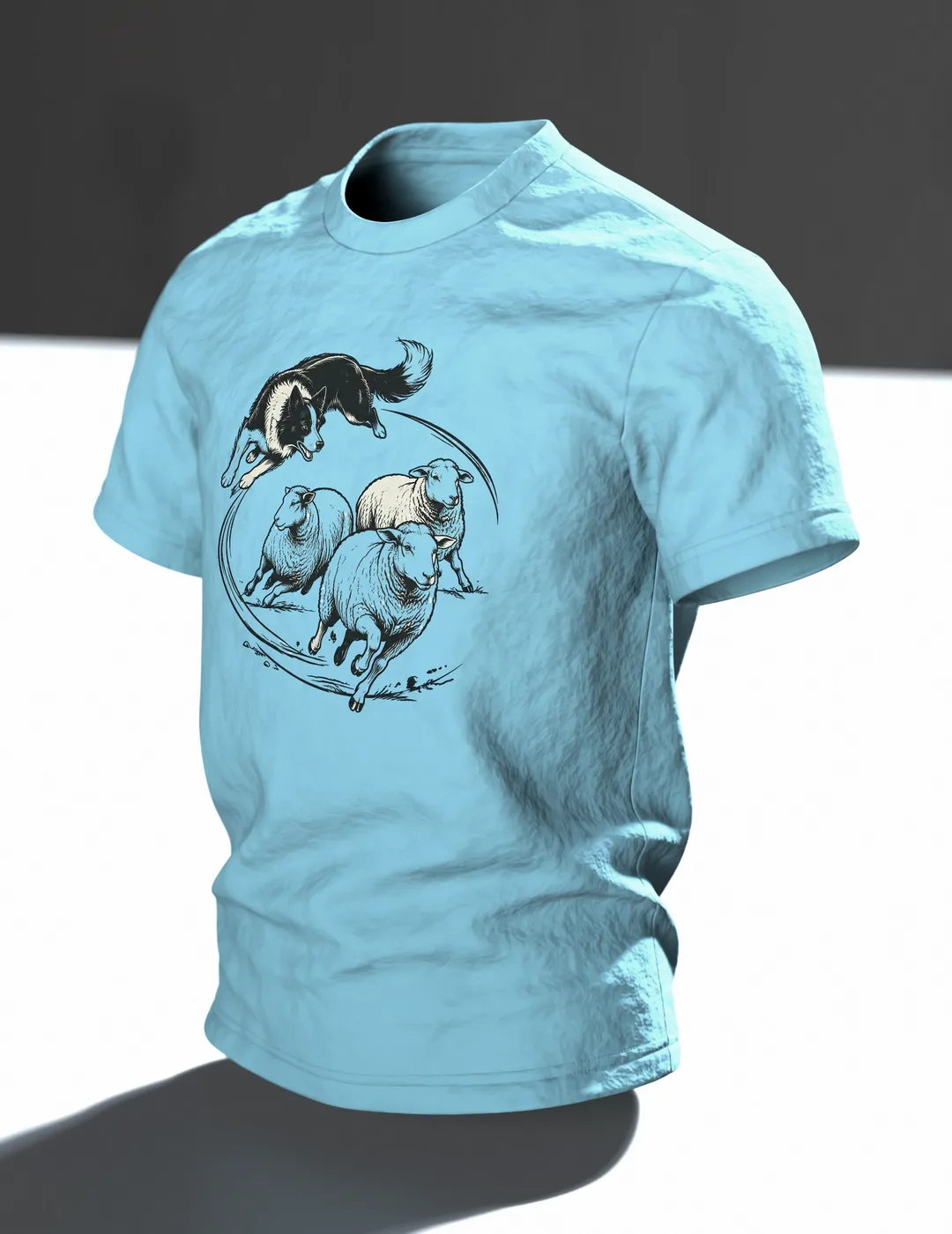 Border Collie Shirt: Collie Leaping Over Sheep in Line Art on Front, Resting Flock by Wooden Fence on Back, In context, angled