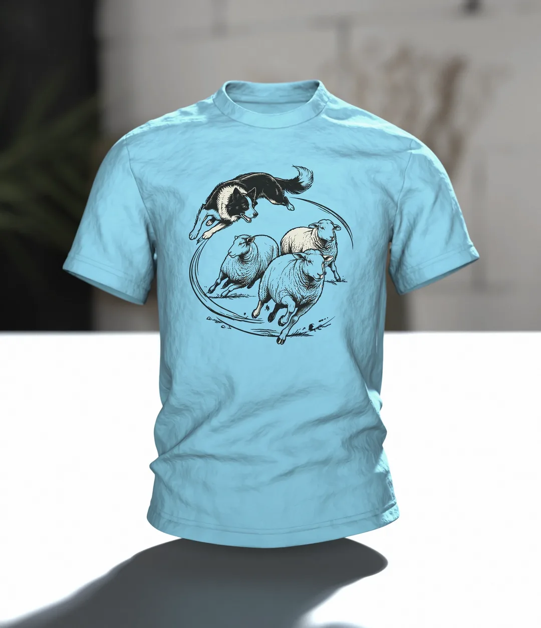 Border Collie Shirt: Collie Leaping Over Sheep in Line Art on Front, Resting Flock by Wooden Fence on Back, In context