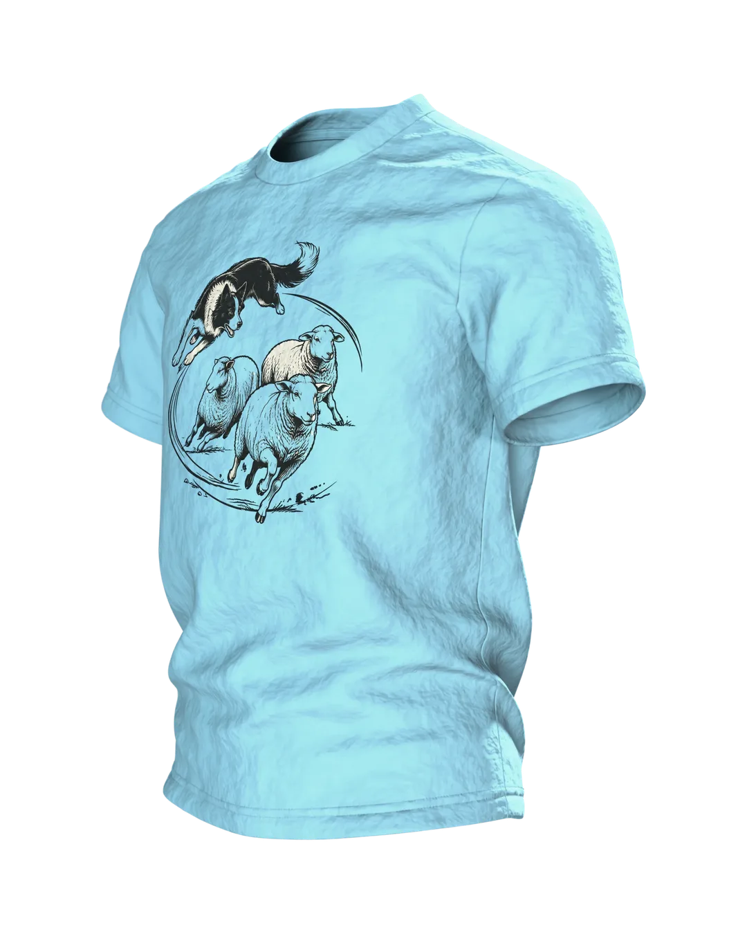 Border Collie Shirt: Collie Leaping Over Sheep in Line Art on Front, Resting Flock by Wooden Fence on Back, Side view, right