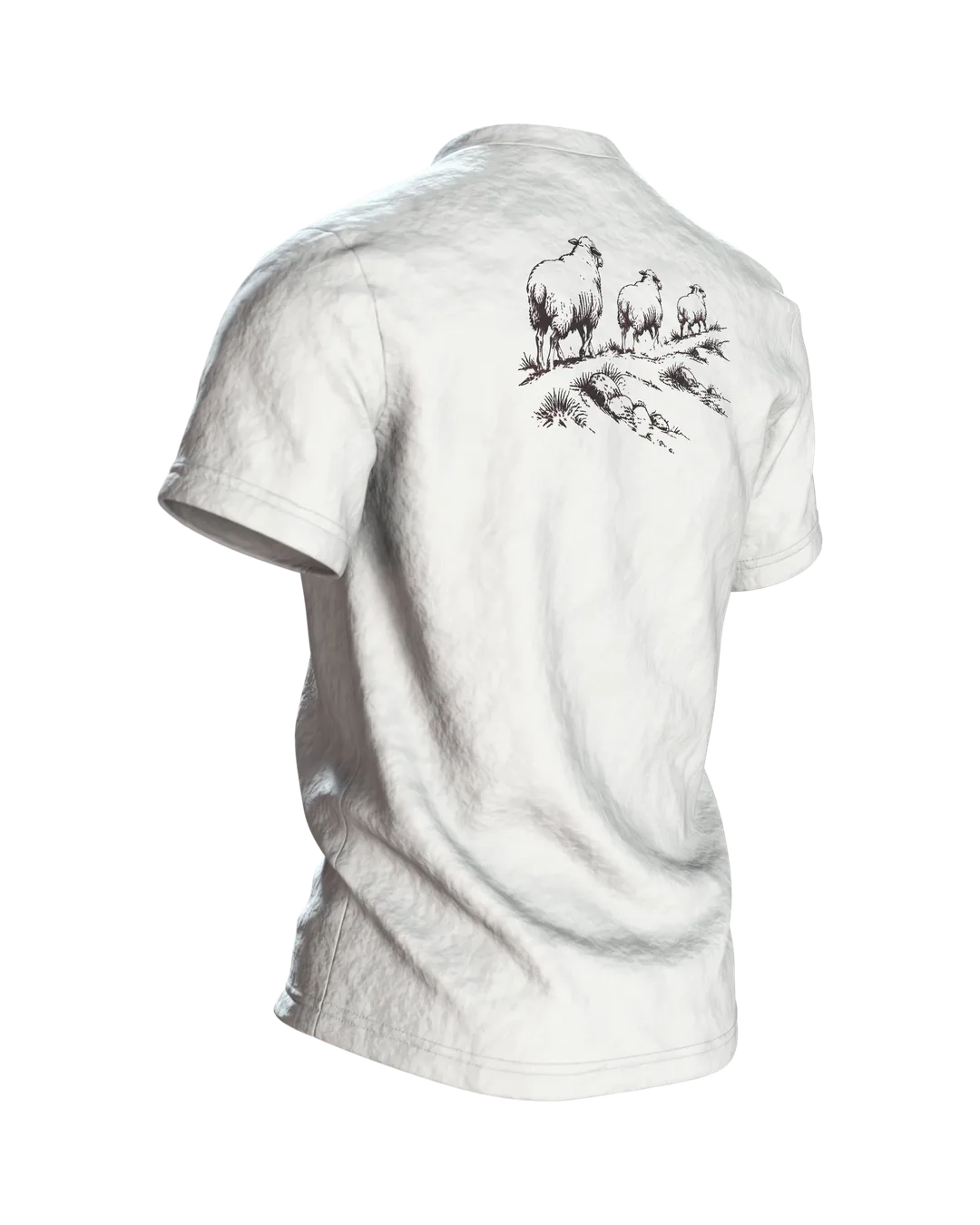 Border Collie mit Schafen T-Shirt, Entwurfsfassung, Back, angled right