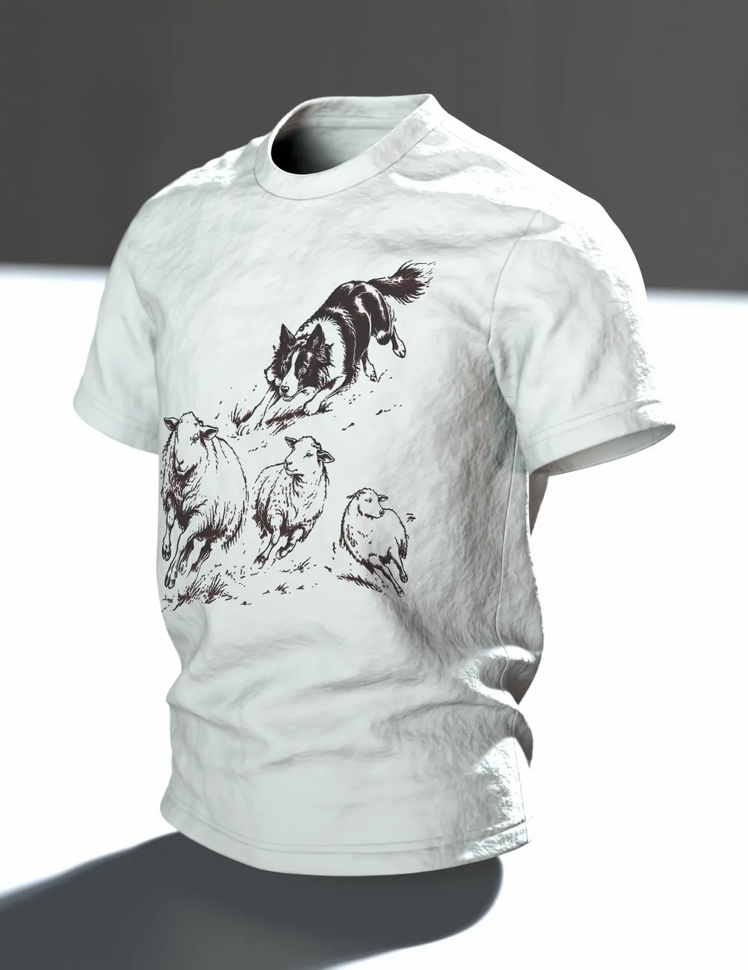 Border Collie mit Schafen T-Shirt, Entwurfsfassung, In context, angled