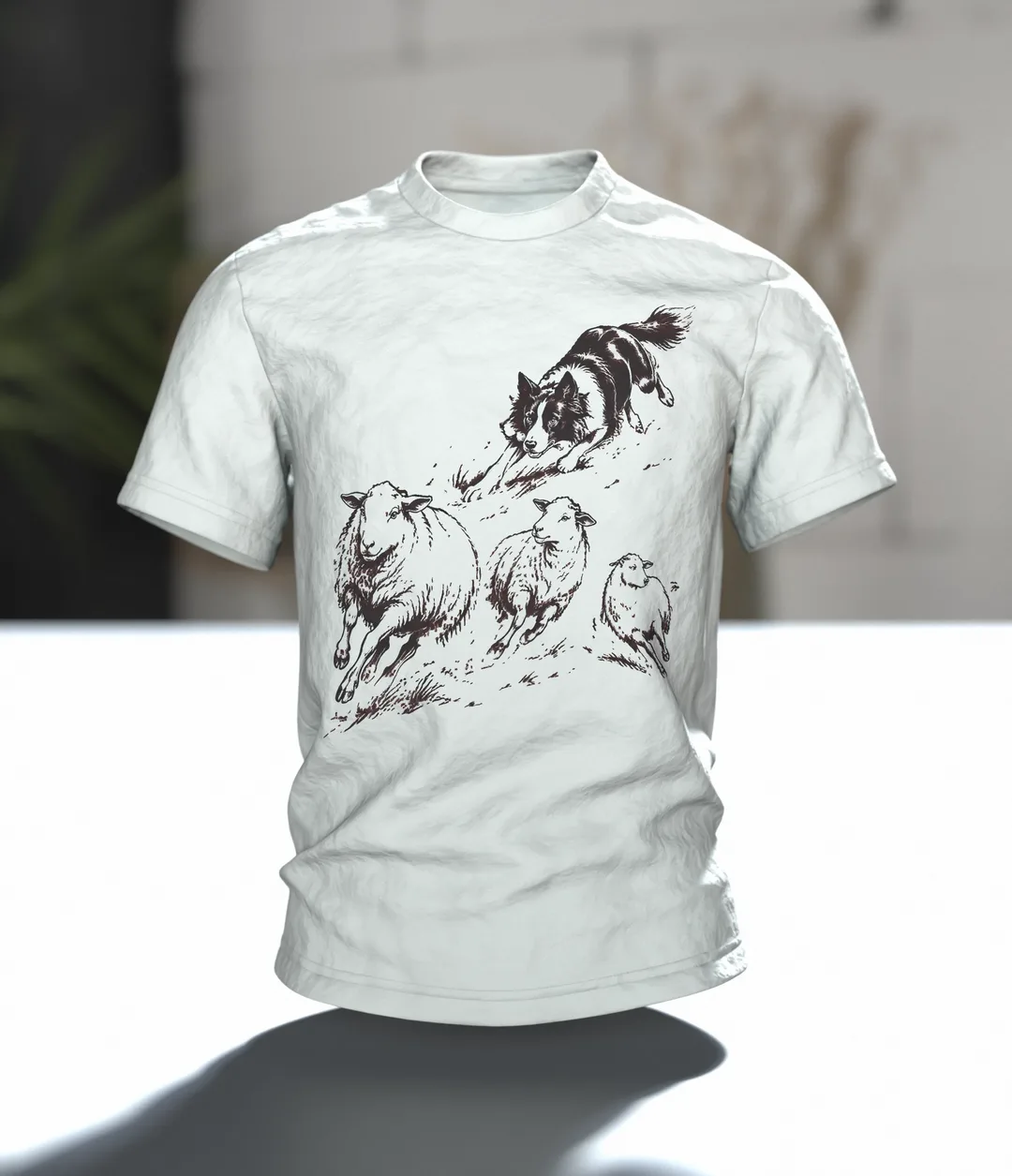 Border Collie mit Schafen T-Shirt, Entwurfsfassung, In context