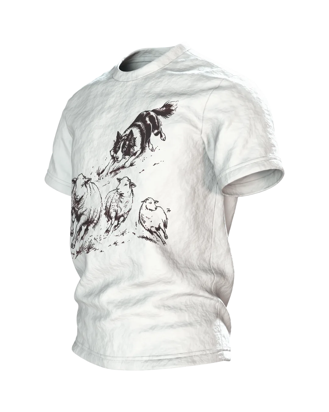 Border Collie mit Schafen T-Shirt, Entwurfsfassung, Side view, right
