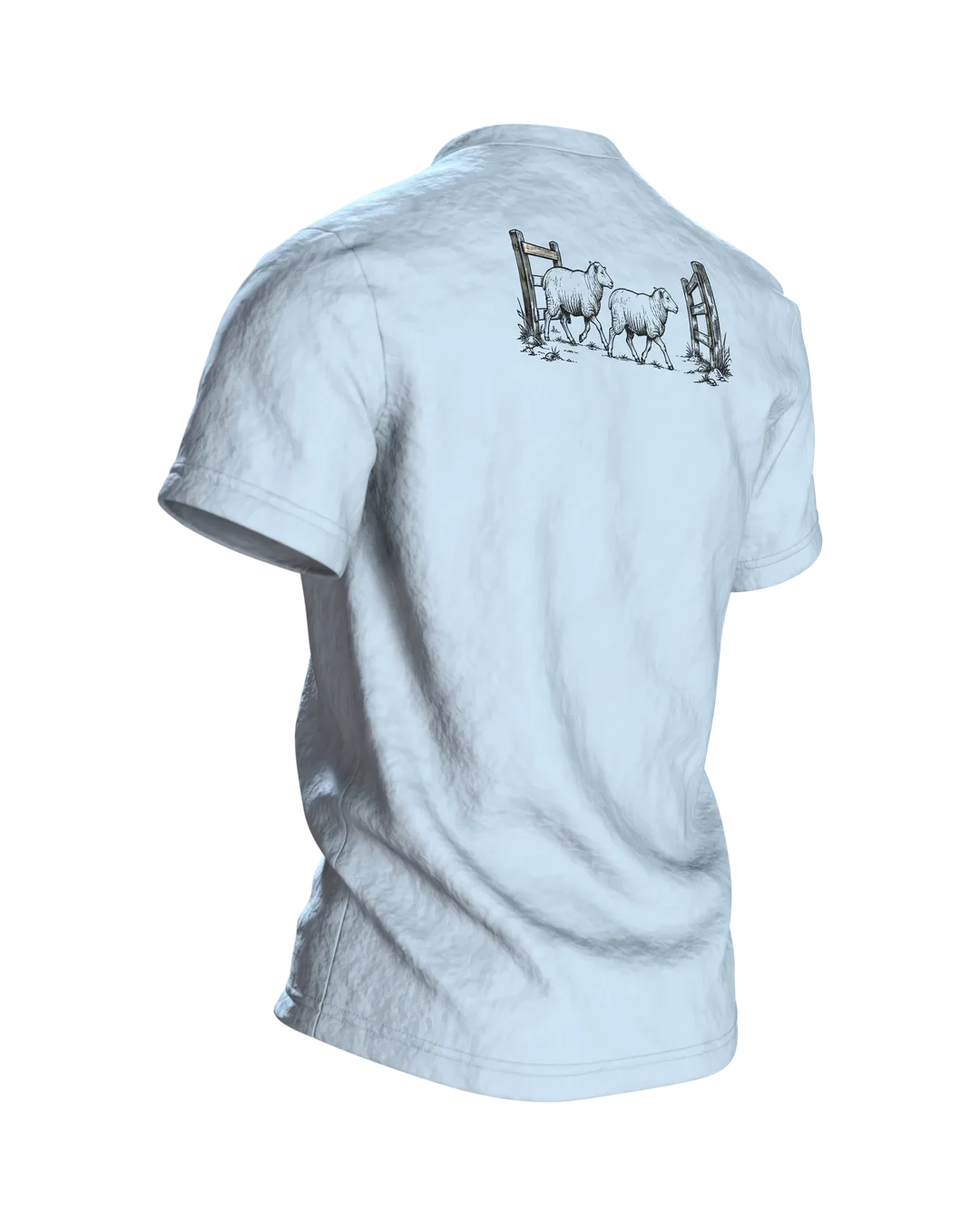 Border Collie mit Schafen T-Shirt, Entwurfsfassung, Back, angled right