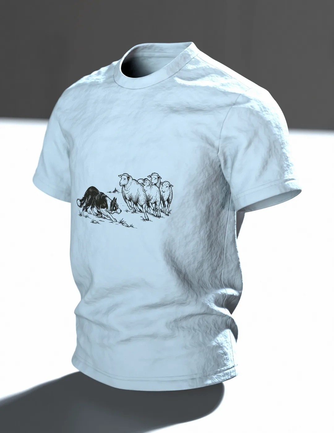 Border Collie mit Schafen T-Shirt, Entwurfsfassung, In context, angled