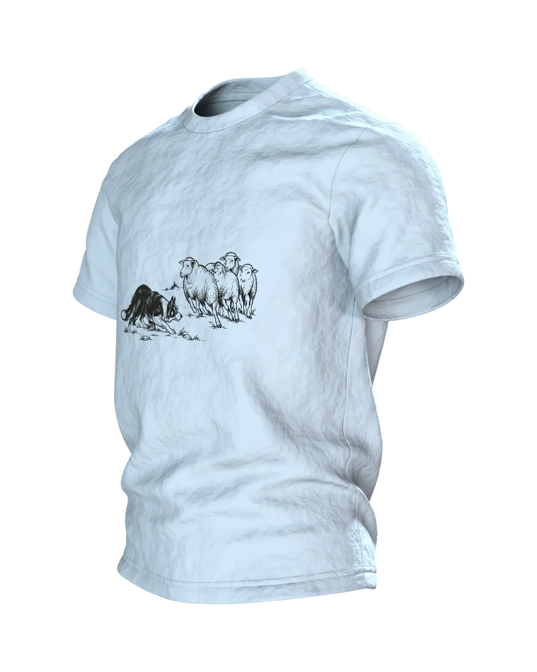 Border Collie mit Schafen T-Shirt, Entwurfsfassung, Side view, right