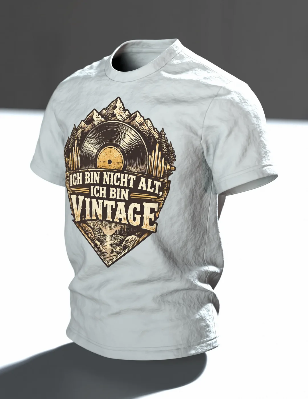 Ich bin nicht alt, ich bin Vintage T-Shirt, Entwurfsfassung, Im Raum, schräg