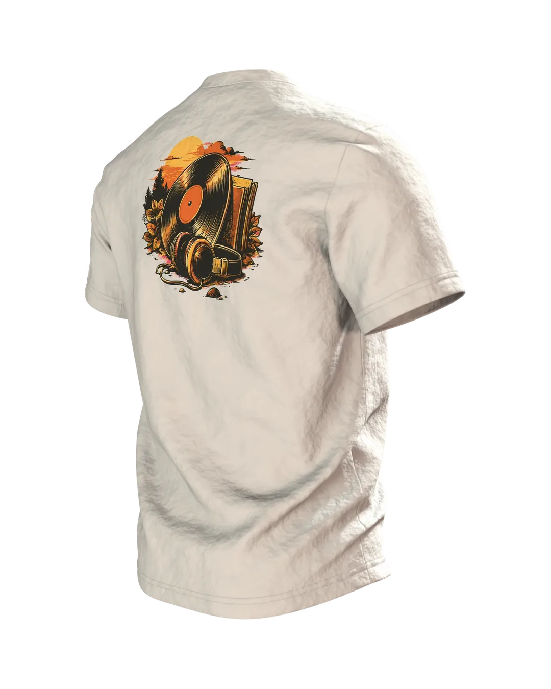 Vinyl Record Shirt “ICH BIN NICHT ALT, ICH BIN VINTAGE” with Record Emblem, Retro 70s Lettering and Headphones on the Back, Back, angled left